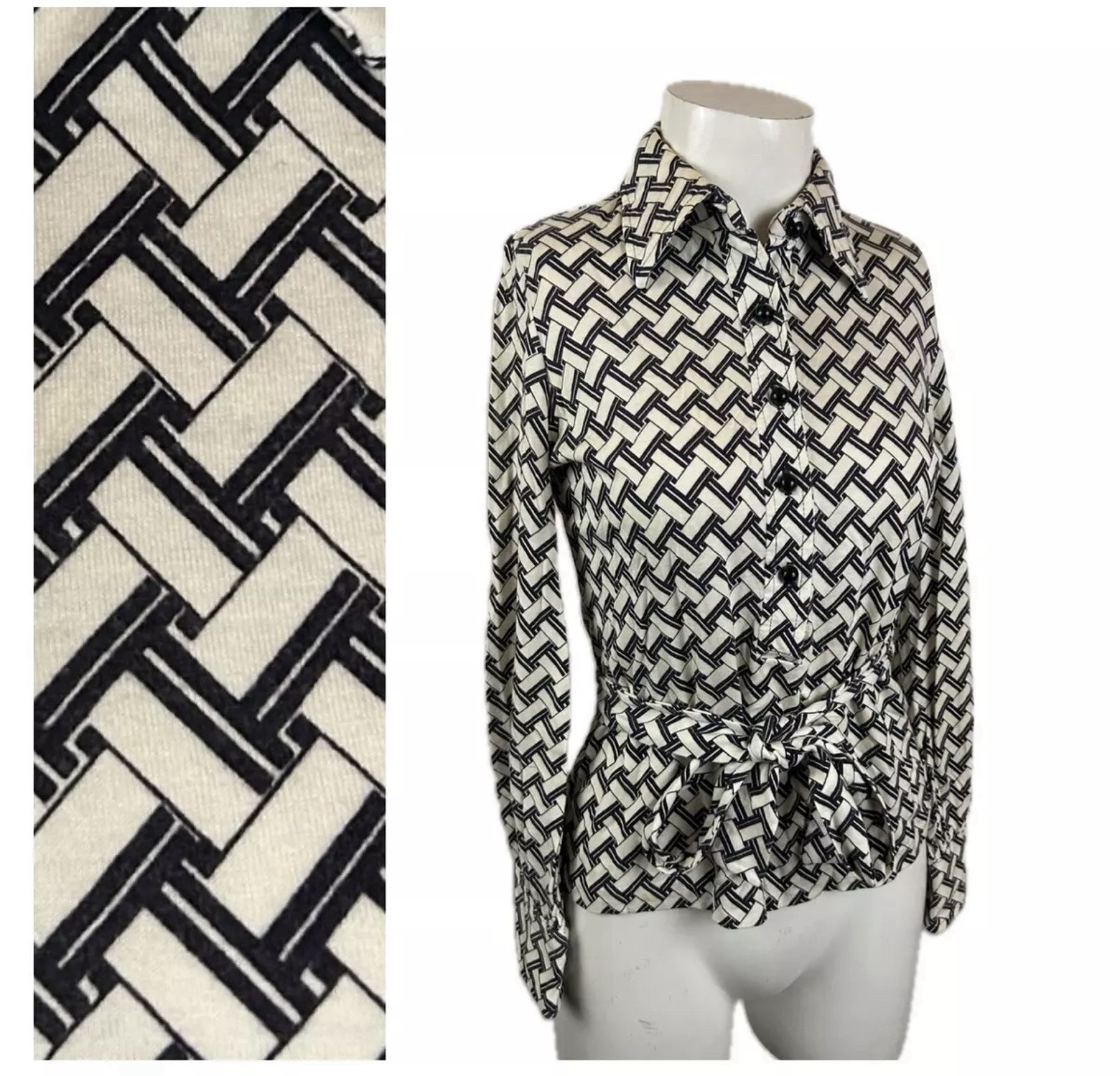 1960s Button Up Collared Pop Art Basketweave Shirt Top / XS *