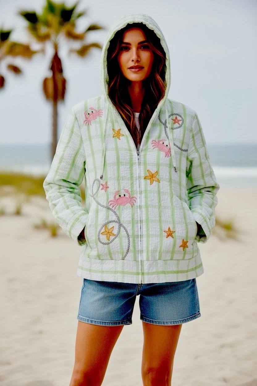 Vintage Novelty Beach Seersucker Jacket Embroidered Sea Creatures Size Large