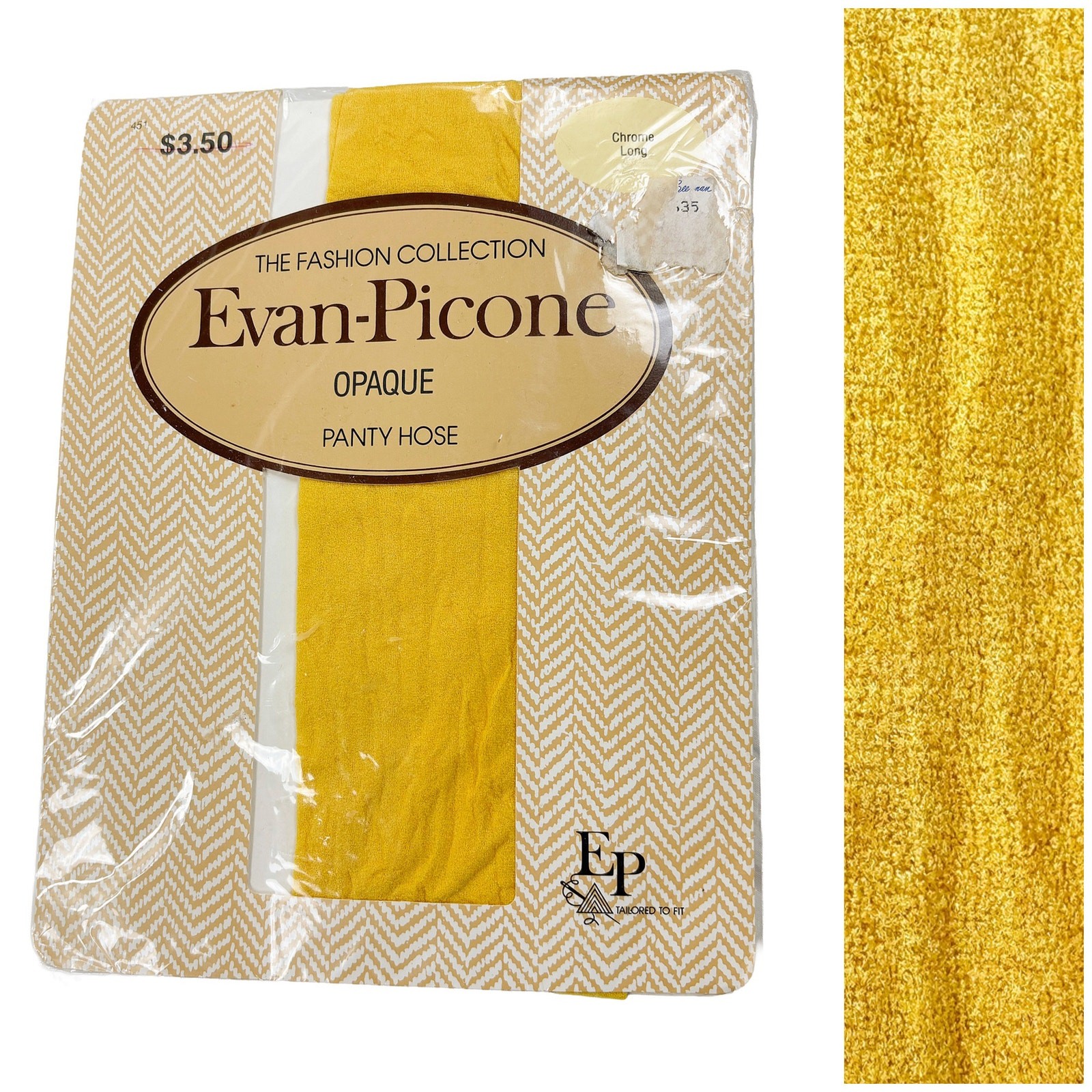 VTG Evan Picone Opaque Pantyhose Yellow Chrome Long NWT Fashion Hosiery 80s USA