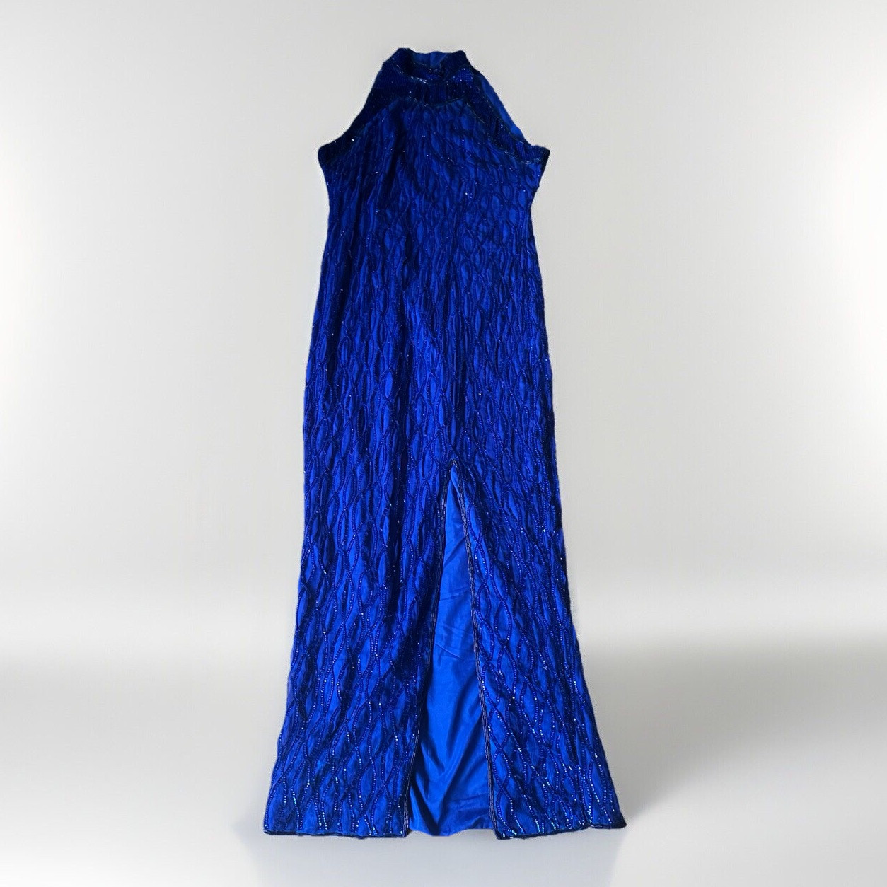 Vintage LAURENCE KAZAR Royal Blue BEADED Sequin Silk HALTER GOWN Long Formal M