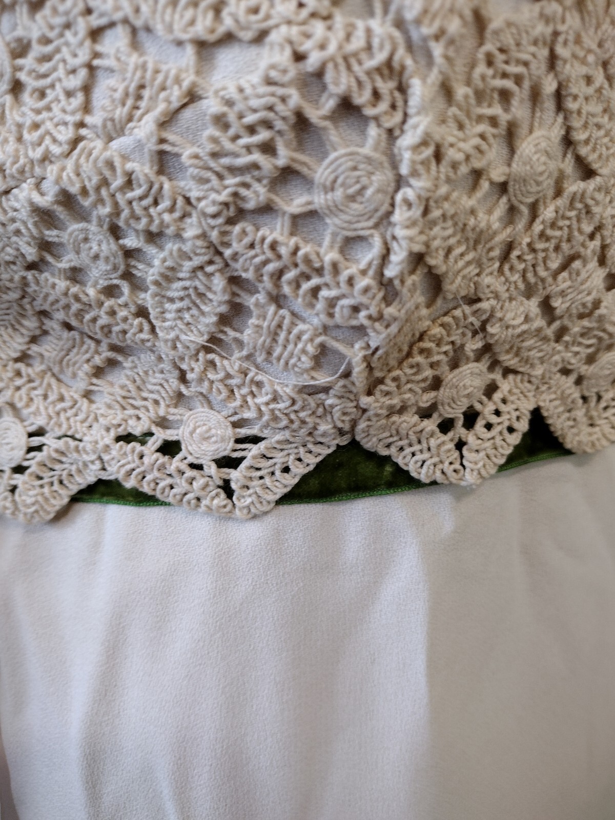 Vintage 1960’s Ivory Boho Maxi Dress With Crochet Bodice Green Velvet 27 Waist