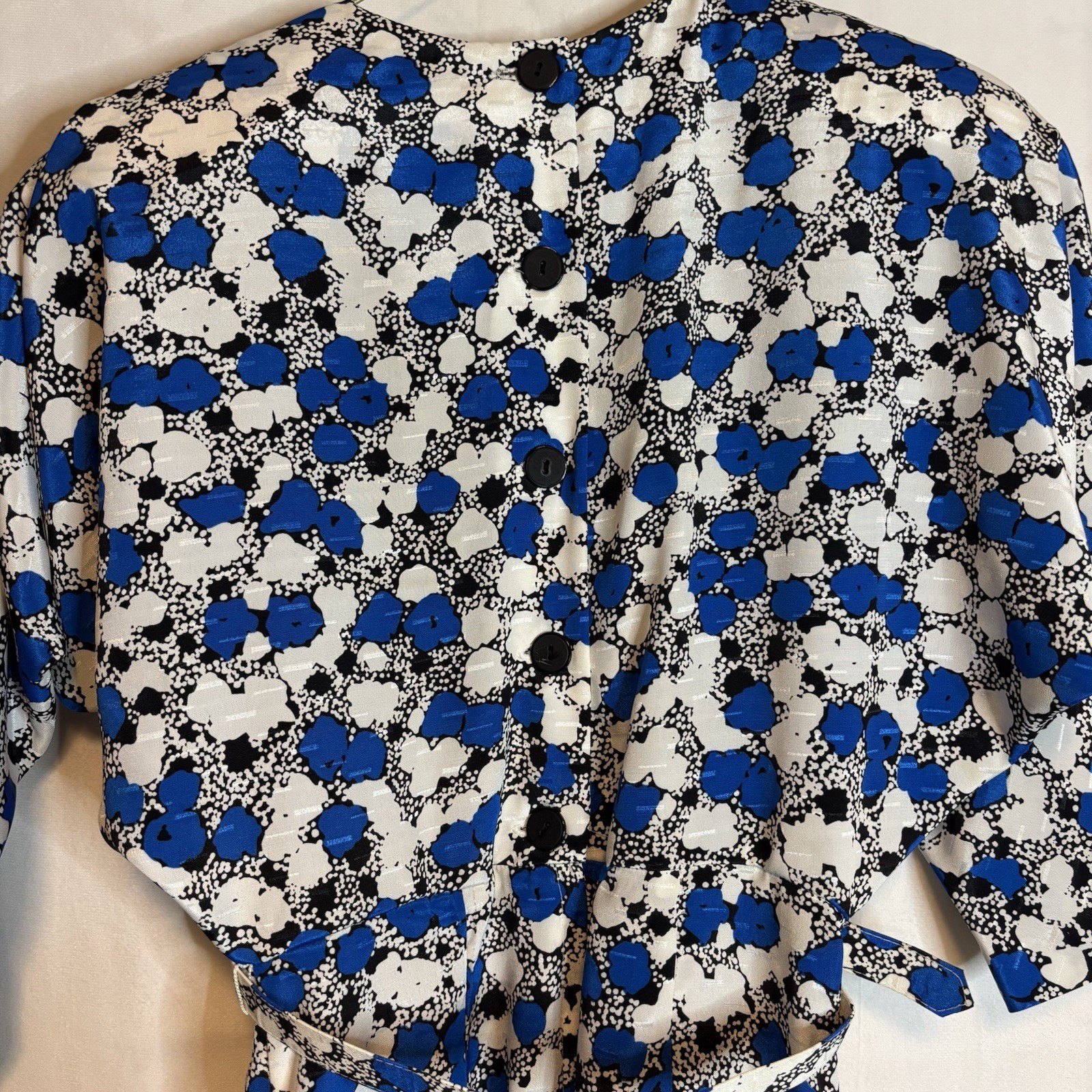 True Vintage 80s Blue And White Printed Dress Nu-Mode Petites Size Small Belted