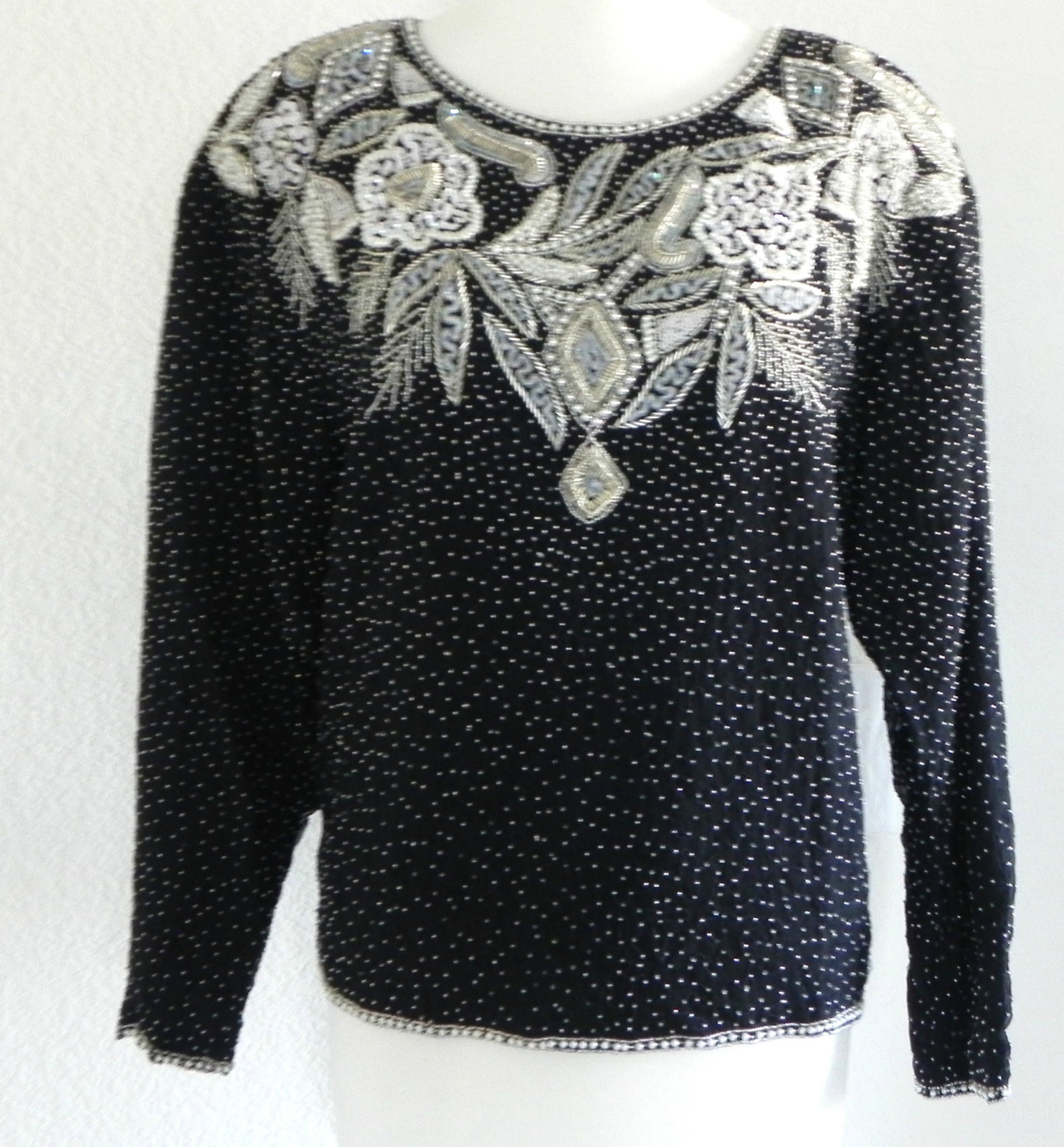 Vtg Together Top Silk Bead/Sequin Trim Padded Shoulder/Long Sleeve Lined Size M