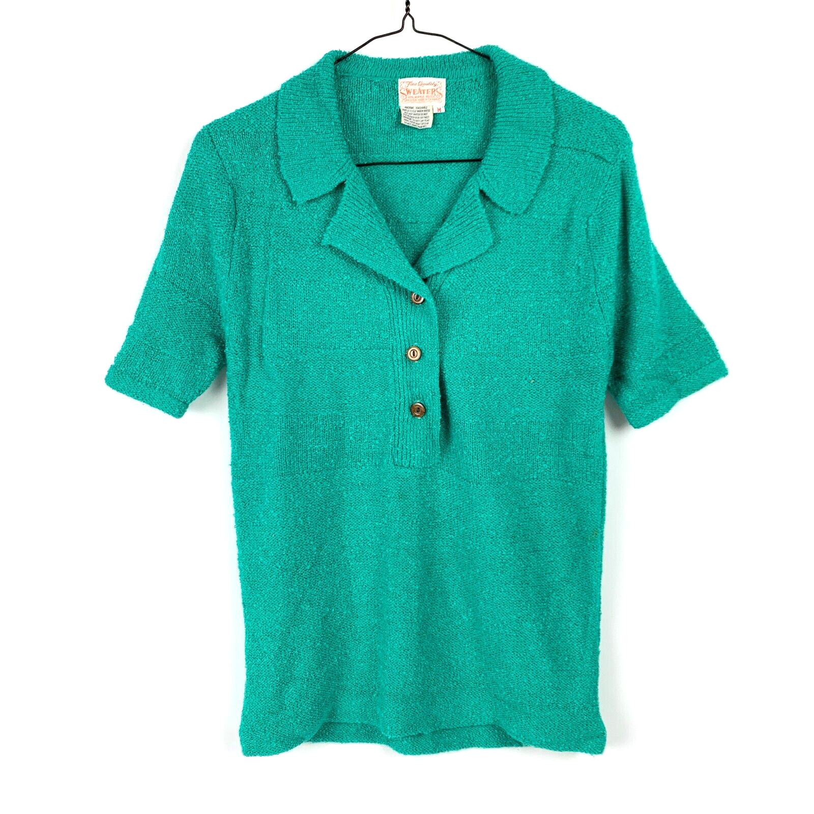 Vintage 60s Fine Quality Sweaters Green Boucle Collared Short Sleeve Size Medium