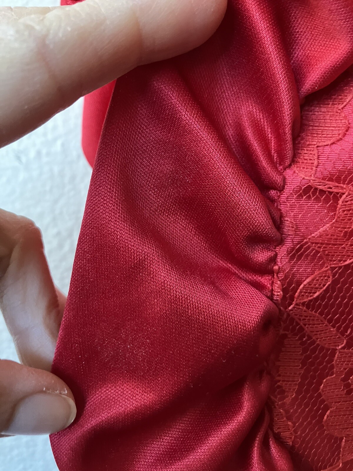 Vintage ’80s Mayvens Bright Red Prom Party Lace Sleeves Satin Ruching XS