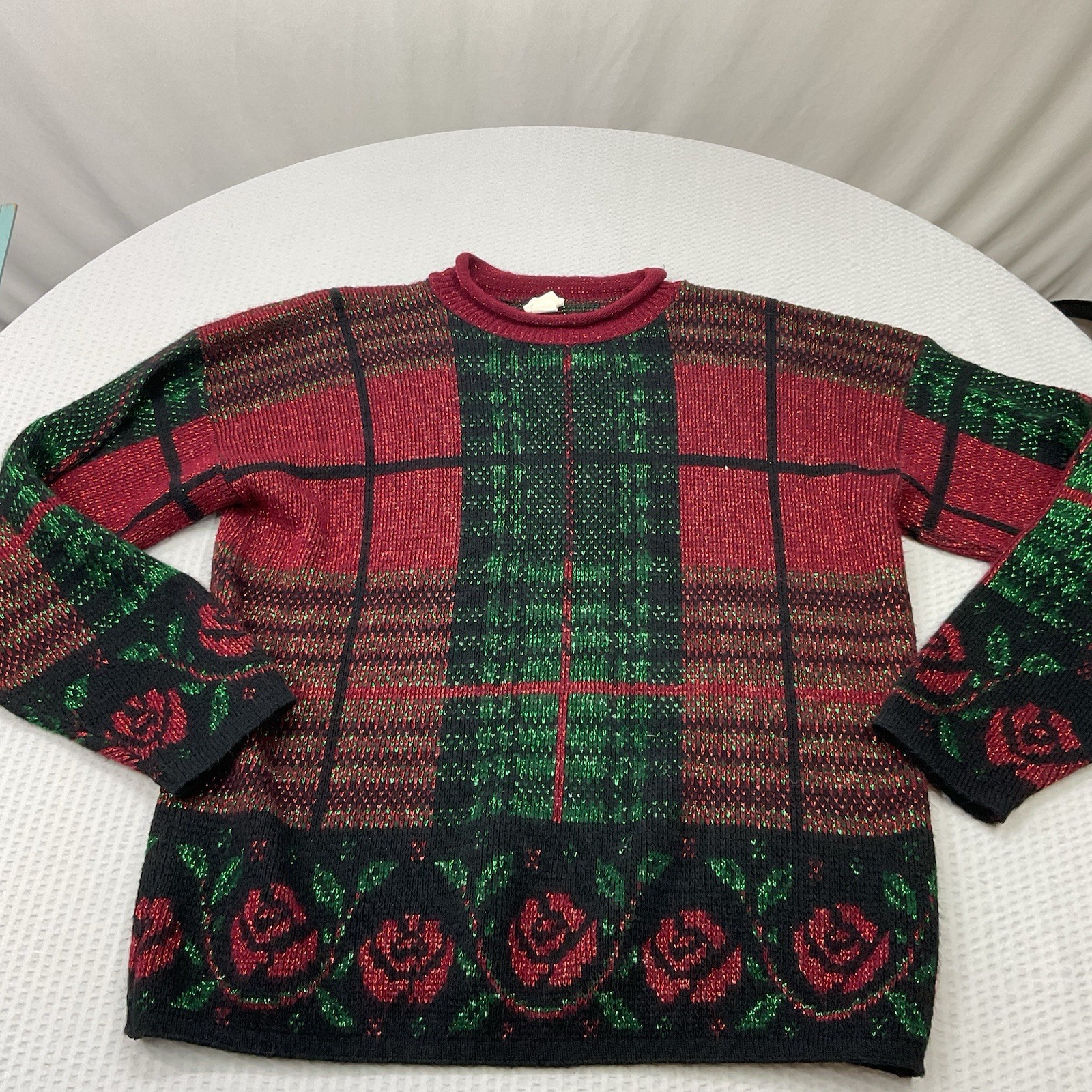 vintage Holiday Time acrylic plaid sweater with a rose design.