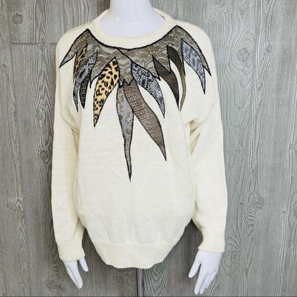 Vintage knit Hana lee sweater “ feather “ moira rose retro 80s shirt med