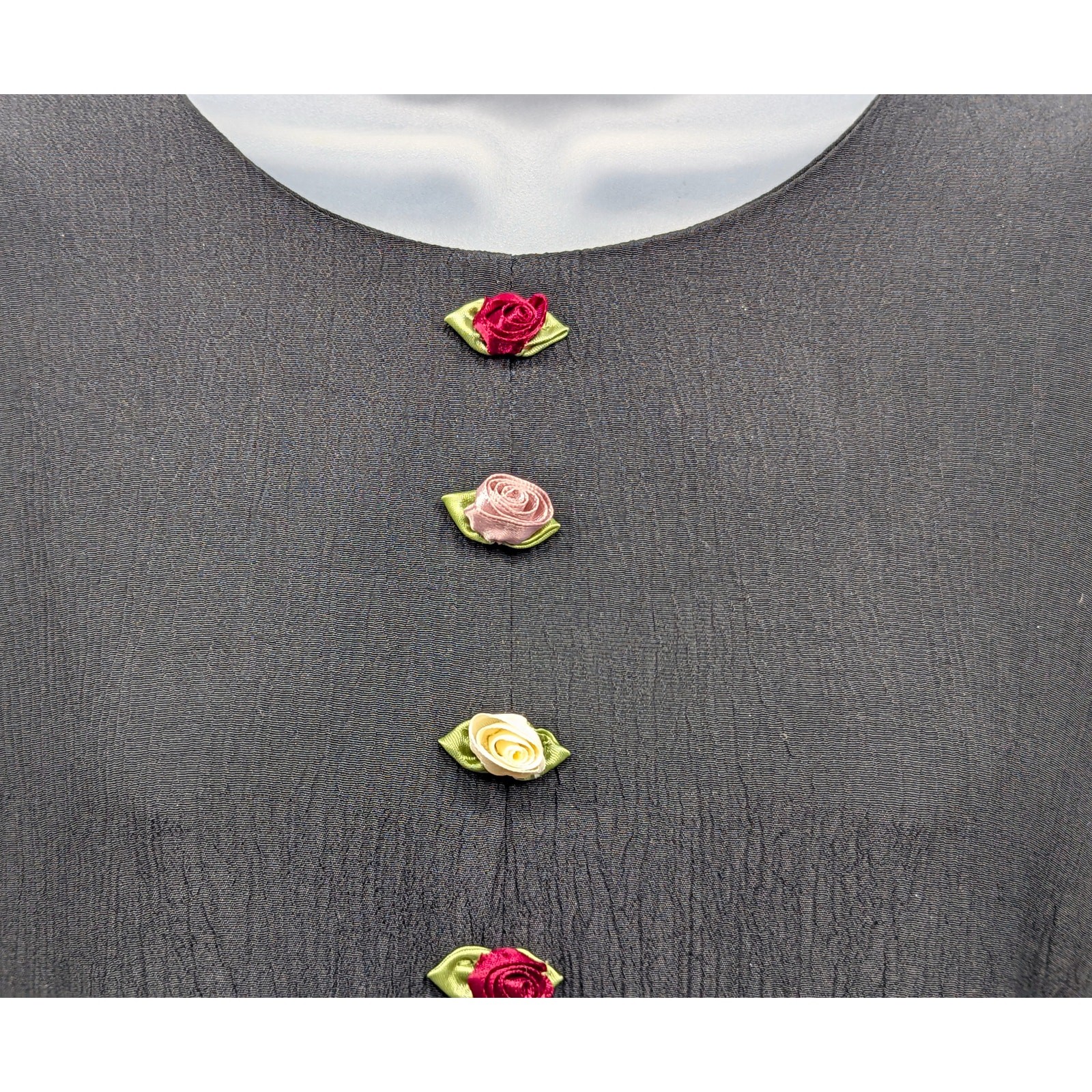 VINTAGE Michael Blake Dress – Black, Flower Detail, Crepe, Zip Back, Long Sleeve