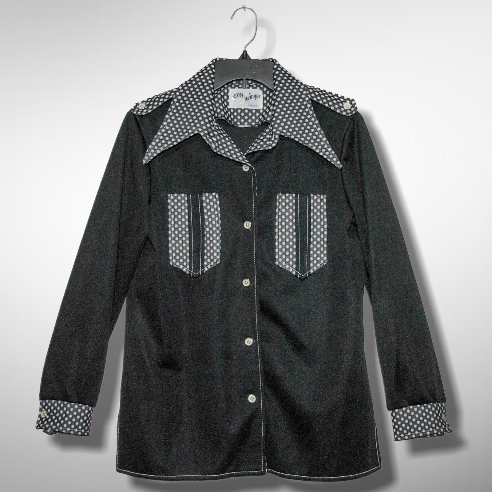 Vtg TEXAS SWINGER Dallas 1970’s Polyester Big Collar Women’s Shirt 19.5″ x 26.5″