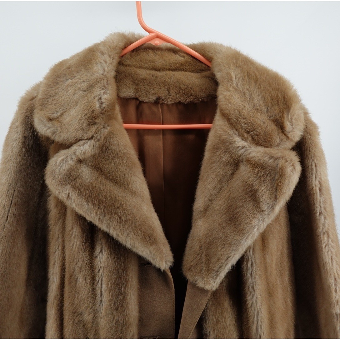 Vintage Furrage Tissavel France Faux Fur Coat Brown Belted Mid Length Jacket