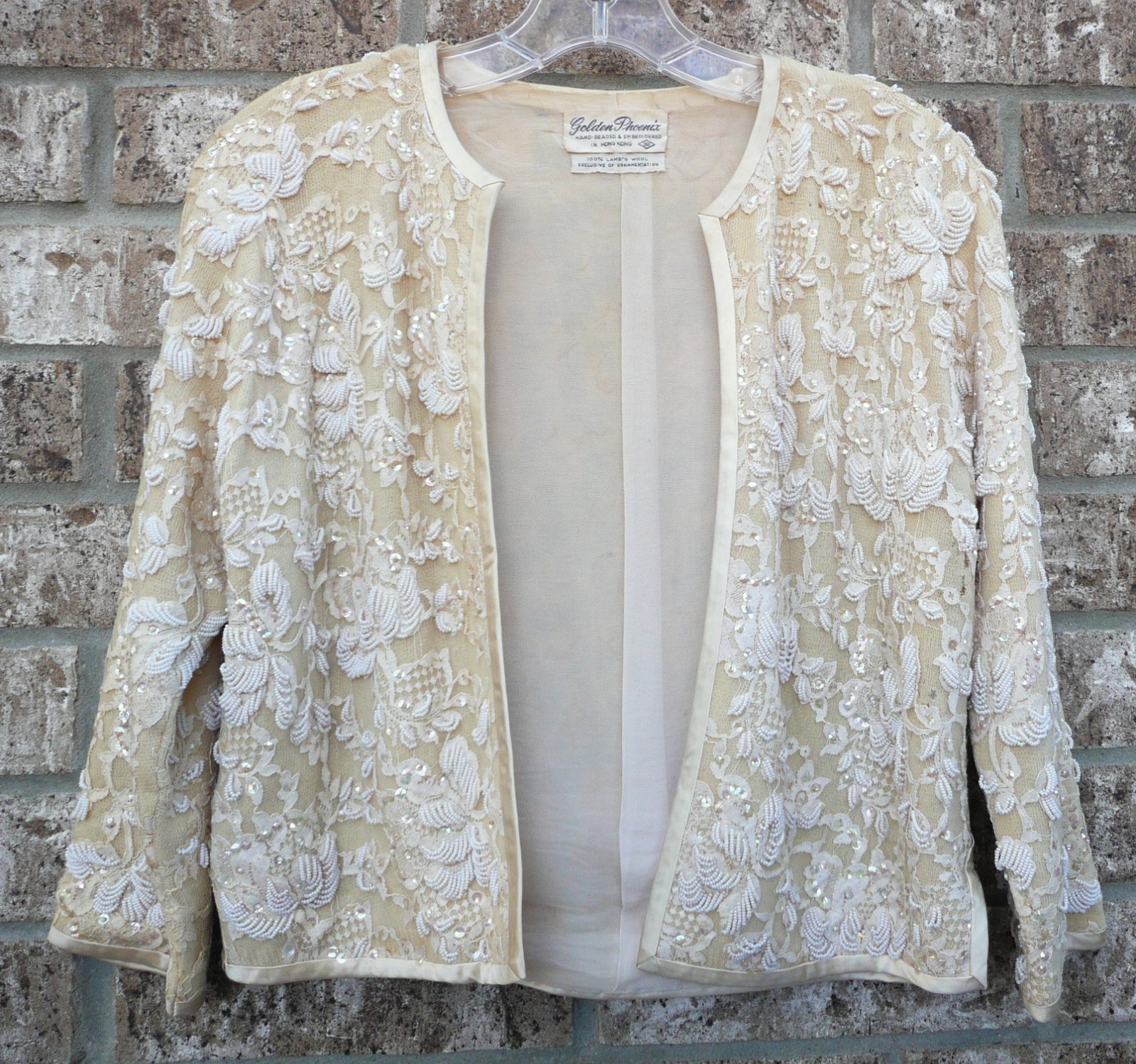 Vintage Golden Phoenix Distressed Ivory Hand Beaded Sweater Size 10 Lamb’s Wool