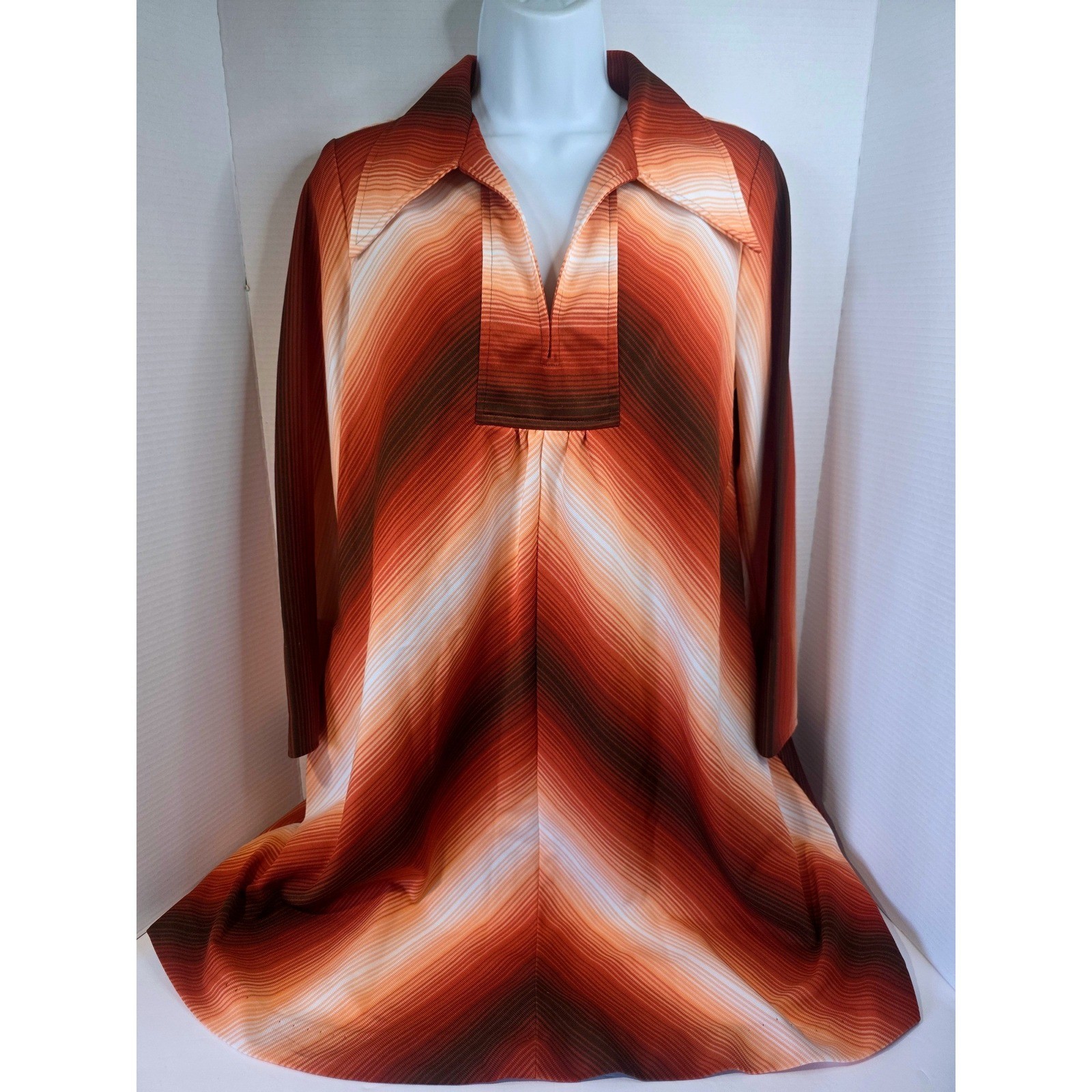 Vintage Sears Fashions 70s Orange Ombre Chevron Polyester Knit Dress Size 14