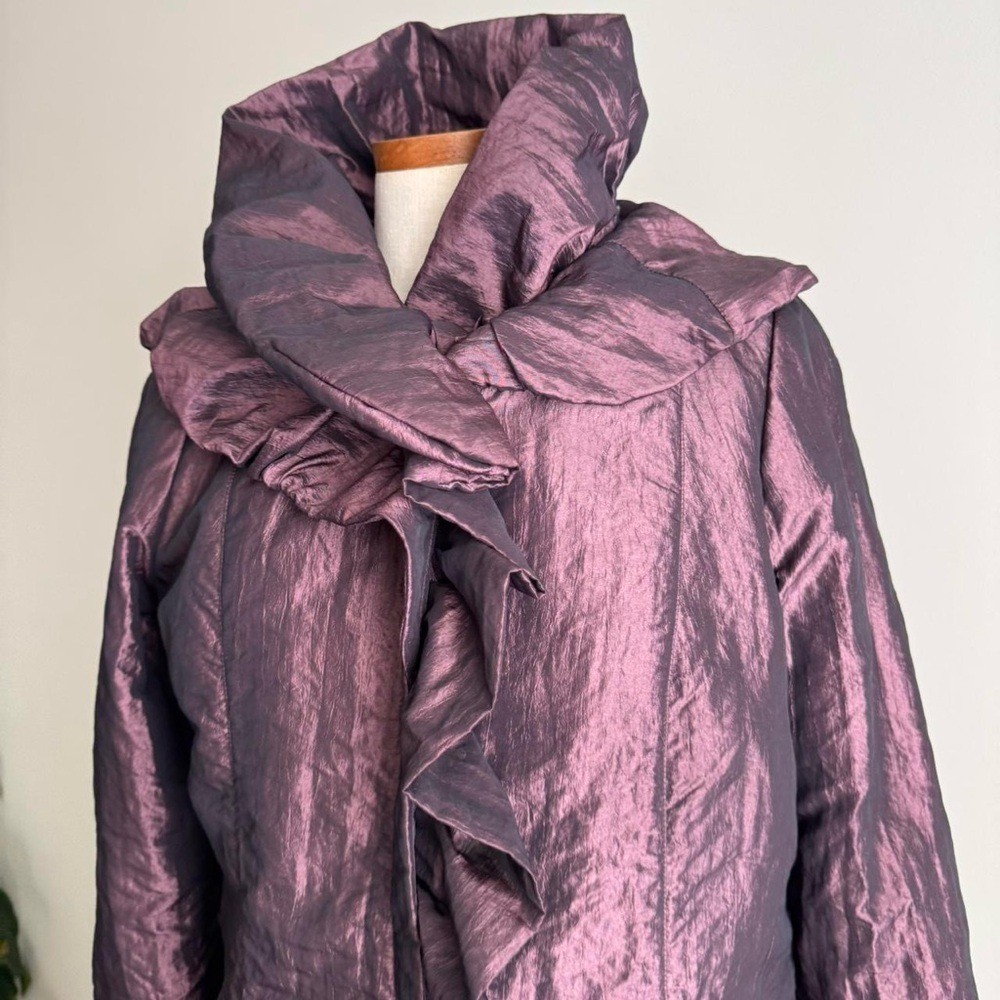 Vintage Iridescent Purple Ruffle Coat High Neck Funnel Lightweight Small