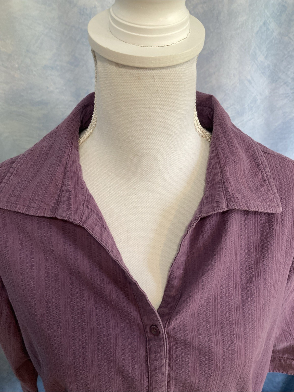 VTG 90s Y2K Fashion Bug Purple Textured Seersucker Stripe Blouse 14/16W Stretch