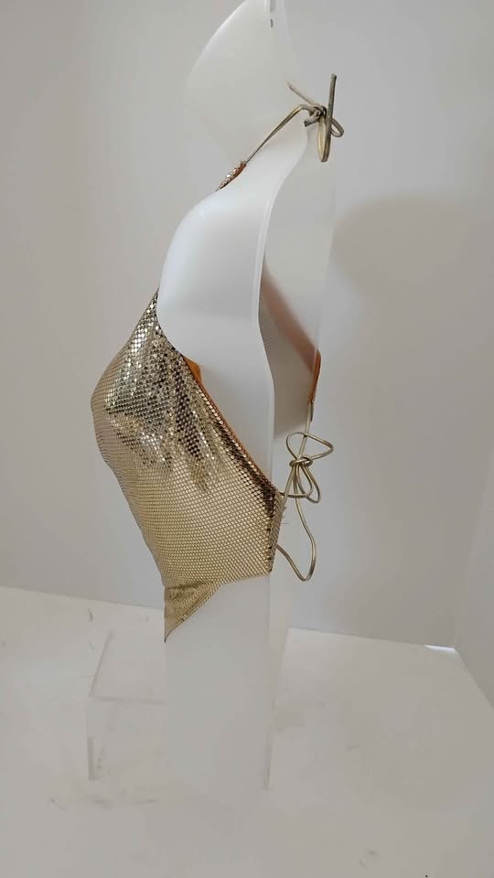 1970’s Women’s O/S Disco Gold Chainmail Metal Mesh Halter Top Belt & Purse 3 PCS
