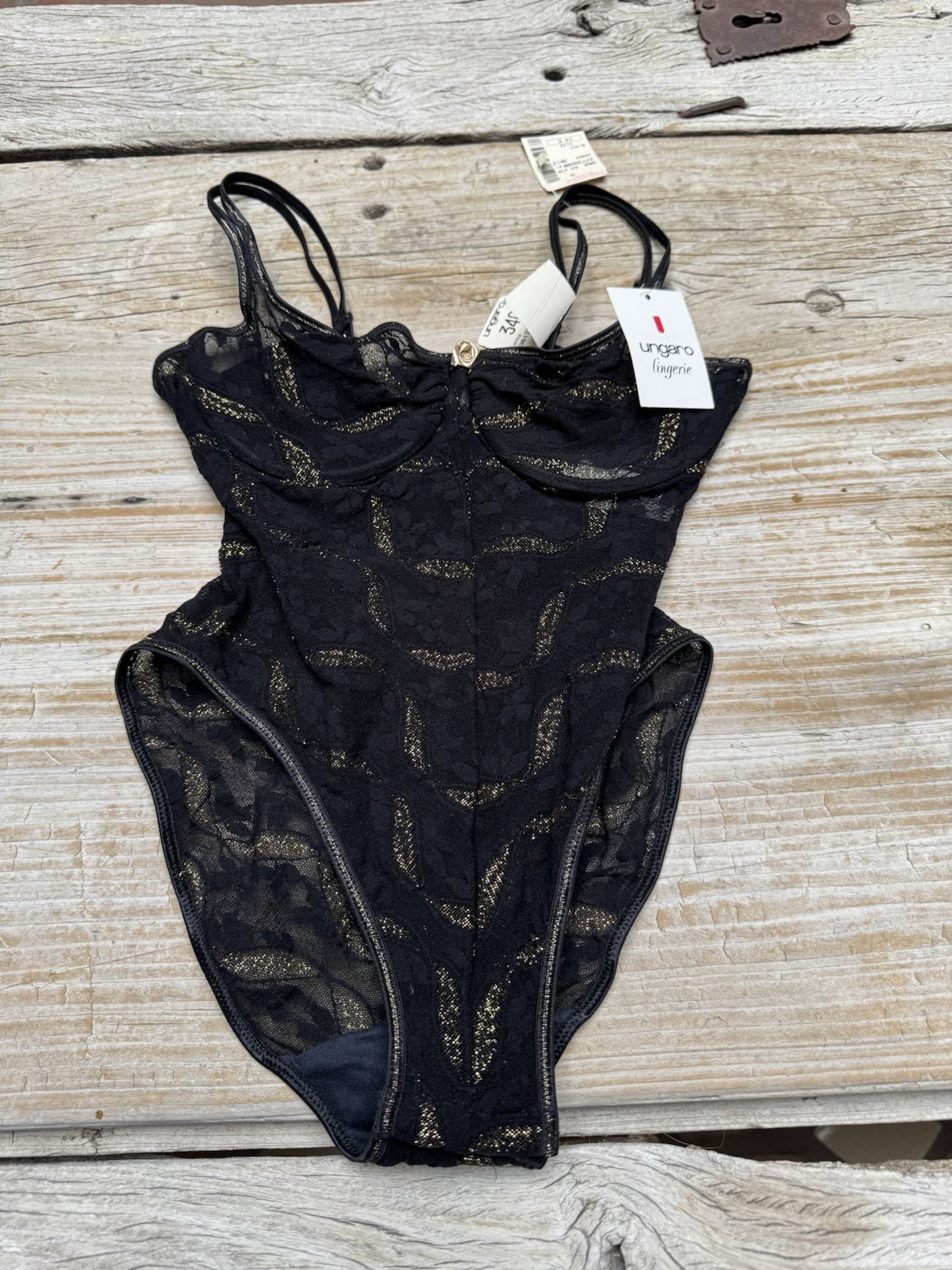 VTG UNGARO One Piece Lingerie 34 C Black & Gold Mesh With Lace new