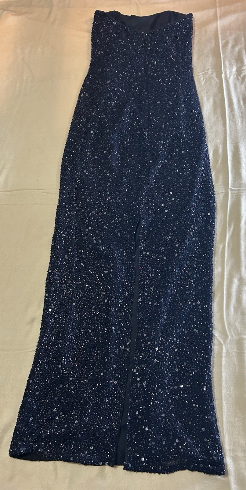 Vintage 90s Handbeaded Silk Maxi Gown Navy Strapless XS Panoply Goth Vampy
