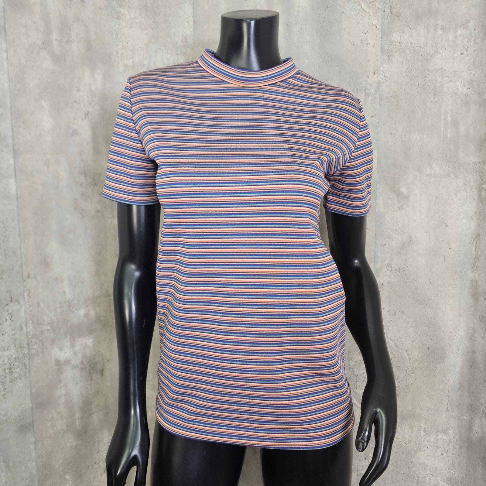 Vintage 70s Rainbow Stripe Mock Neck Tee Double Knit Polyester Mod Top Handmade