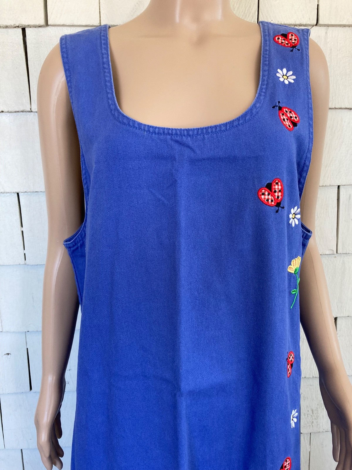 Vintage Boho Mandal Bay Maxi Dress with Embroidered Flowers Ladybugs Size Large