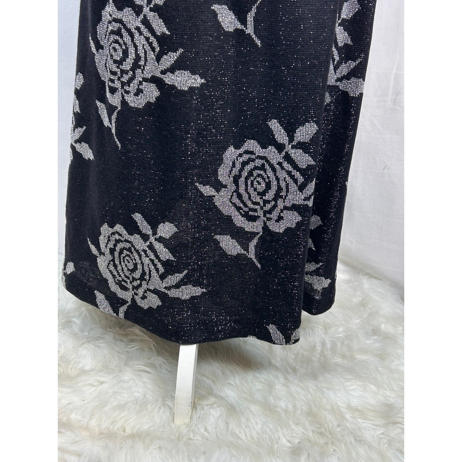 Vintage Hot Line Arlene Murry Black Silver Metallic Rose Knit Midi Dress 9/10