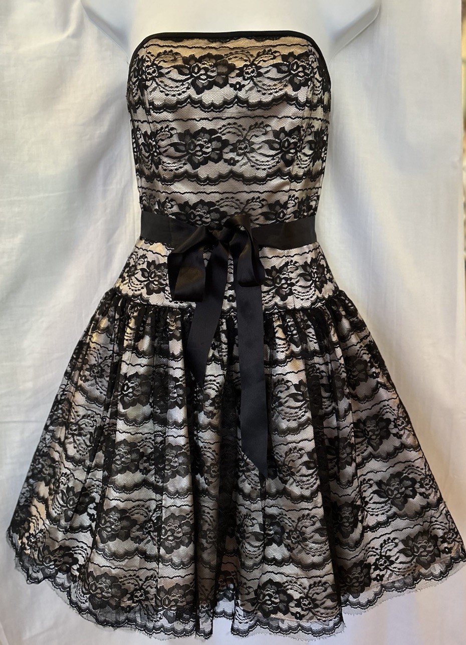 VTG 90s Gunne Sax Black Lace Champagne Satin Strapless Formal Prom Mini Dress 4