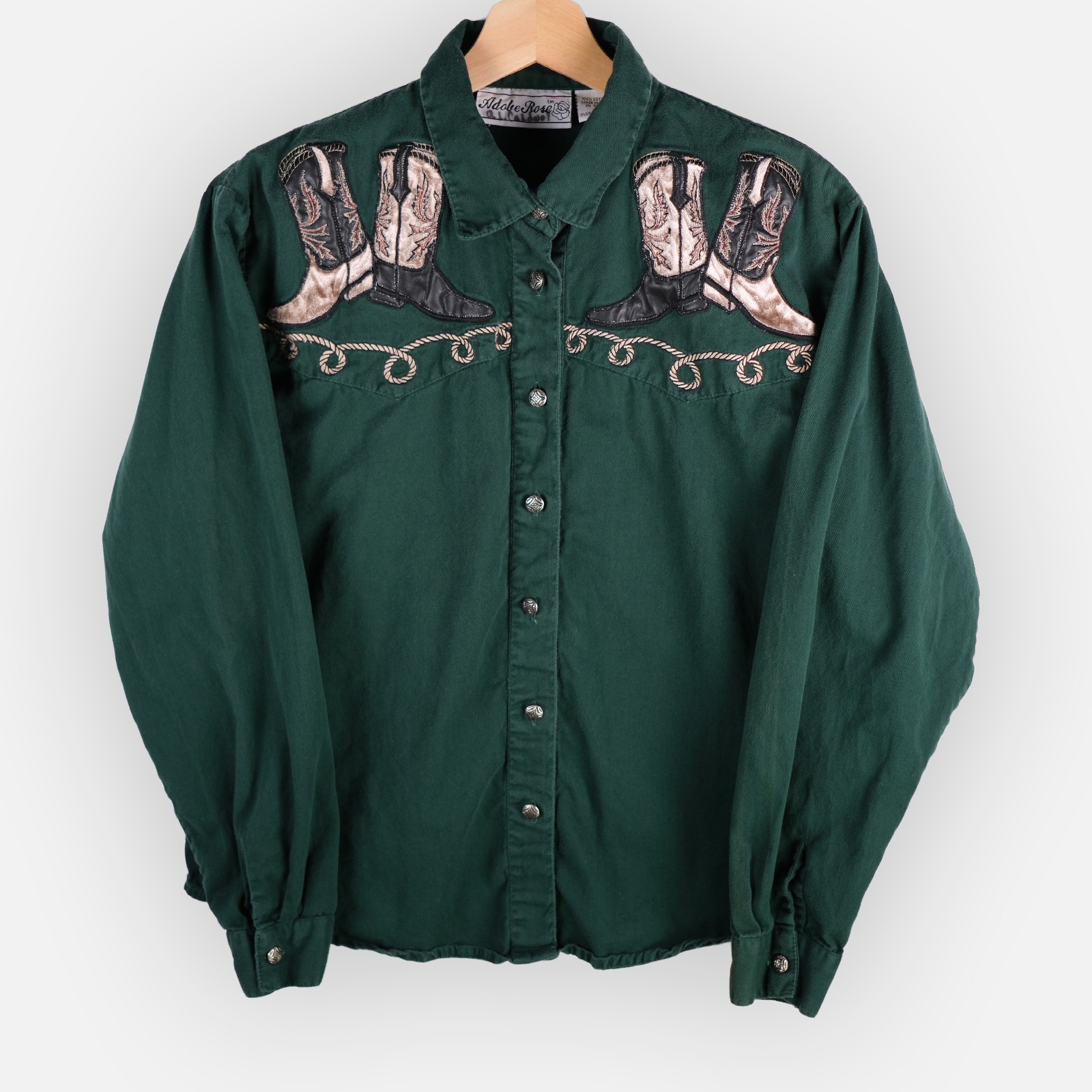 Vintage Adobe Rose Western Shirt Womens Size L Green Cowboy Boot Pattern
