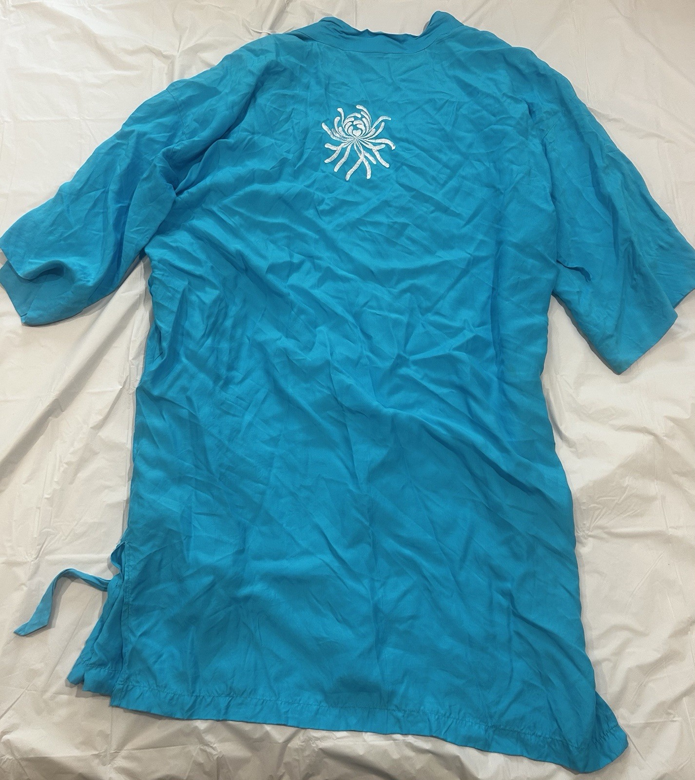 Vintage Leisure Fashions Turquoise Rayon Kimono Robe Embroidered L