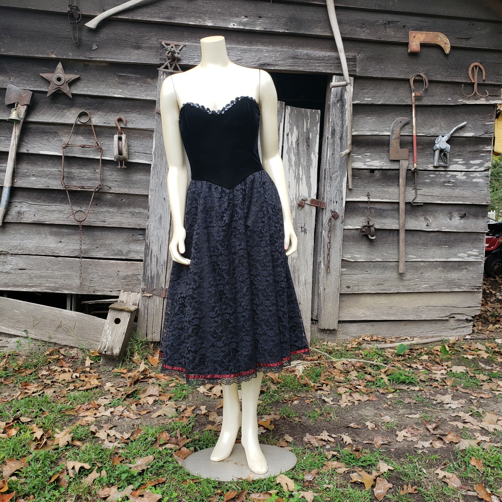 Vtg Gunne Sax 9 Black Scarlet Lace Tulle Velvet Gothic Halloween Party Midi Dres