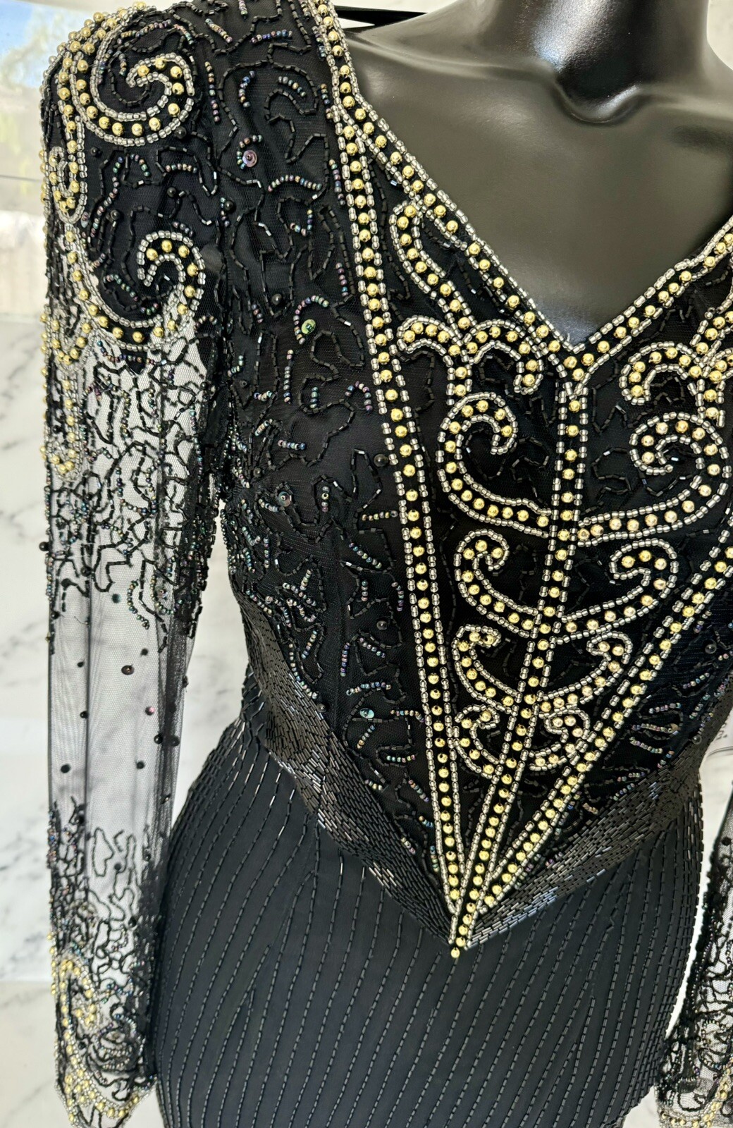 Nina Canacci Formal Wedding Cocktail Black /Gold Beaded Evening Gown