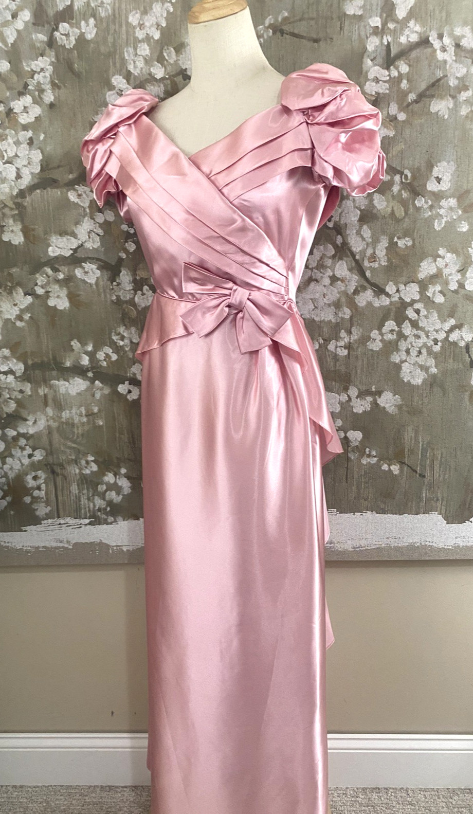 VTG 70’s Pink Satin Union Made Coquette Back Cascade Prom Bridesmaid Dress S