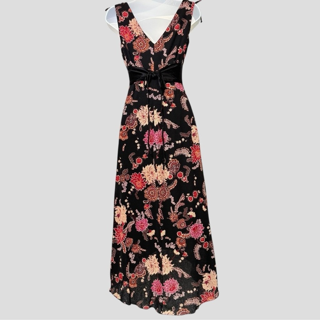 Ruby Rox Babydoll Black Floral Dress Medium Satin High Waist Lace-Up Y2K Fairy