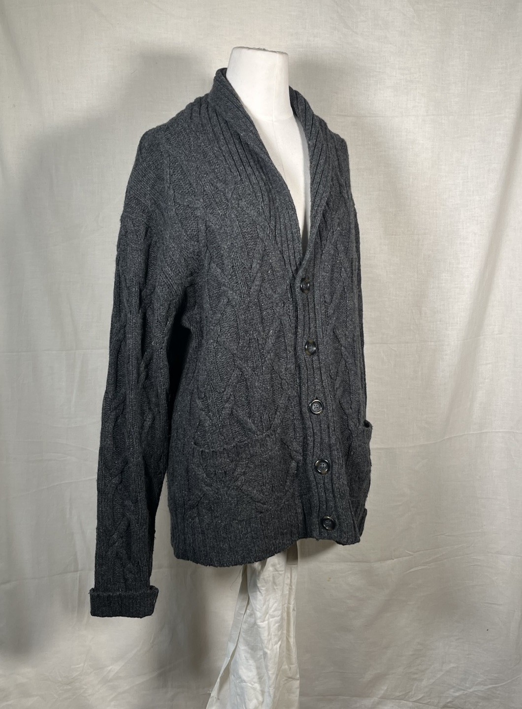 Vintage 60s 70s Pendleton Cable Knit Lamb Wool Collar Cardigan Sweater Grey M US