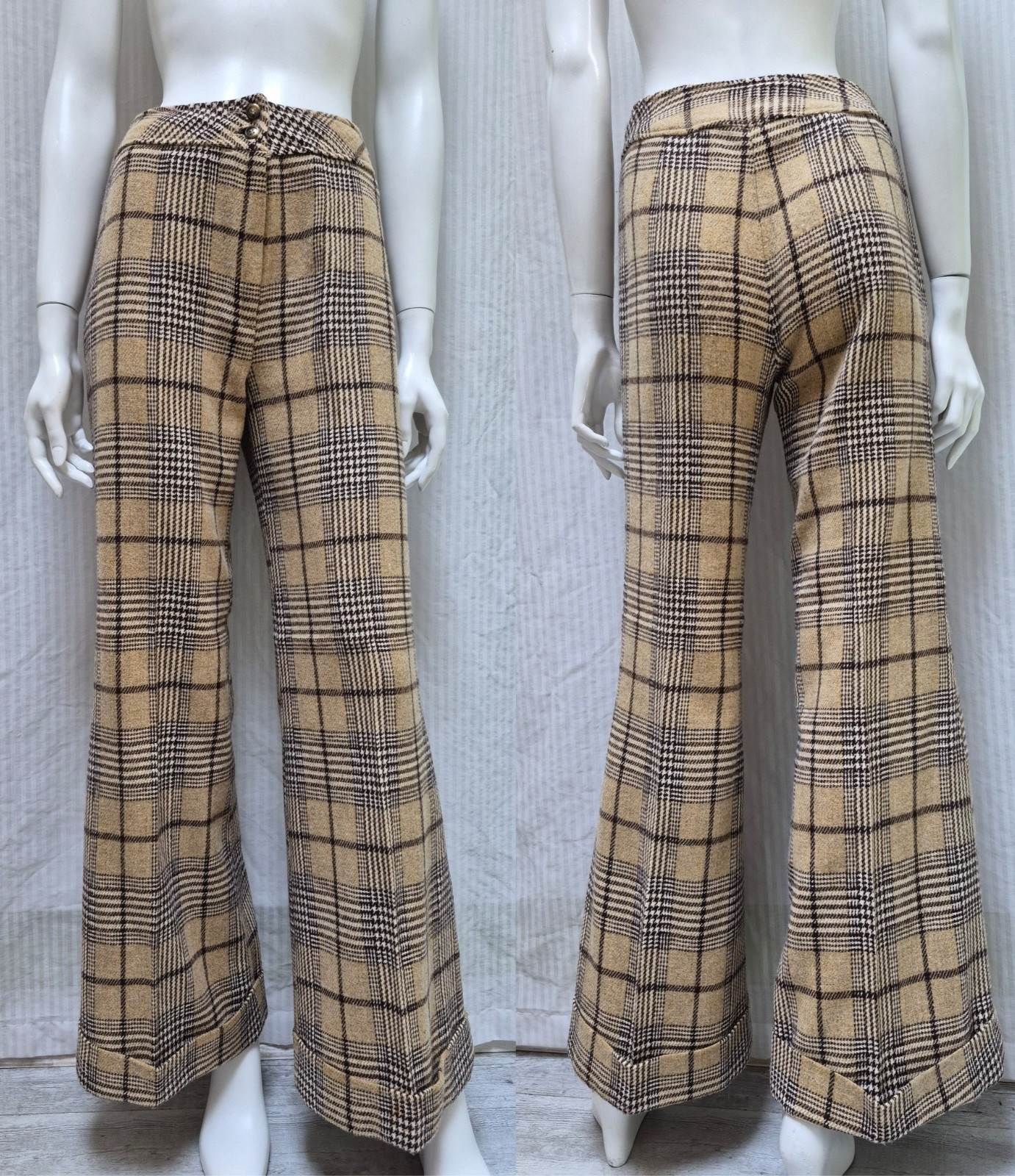 Vintage JUNIOR HOUSE Brown Plaid 70s Hippie Flare Bottom Pants – Waist 28″