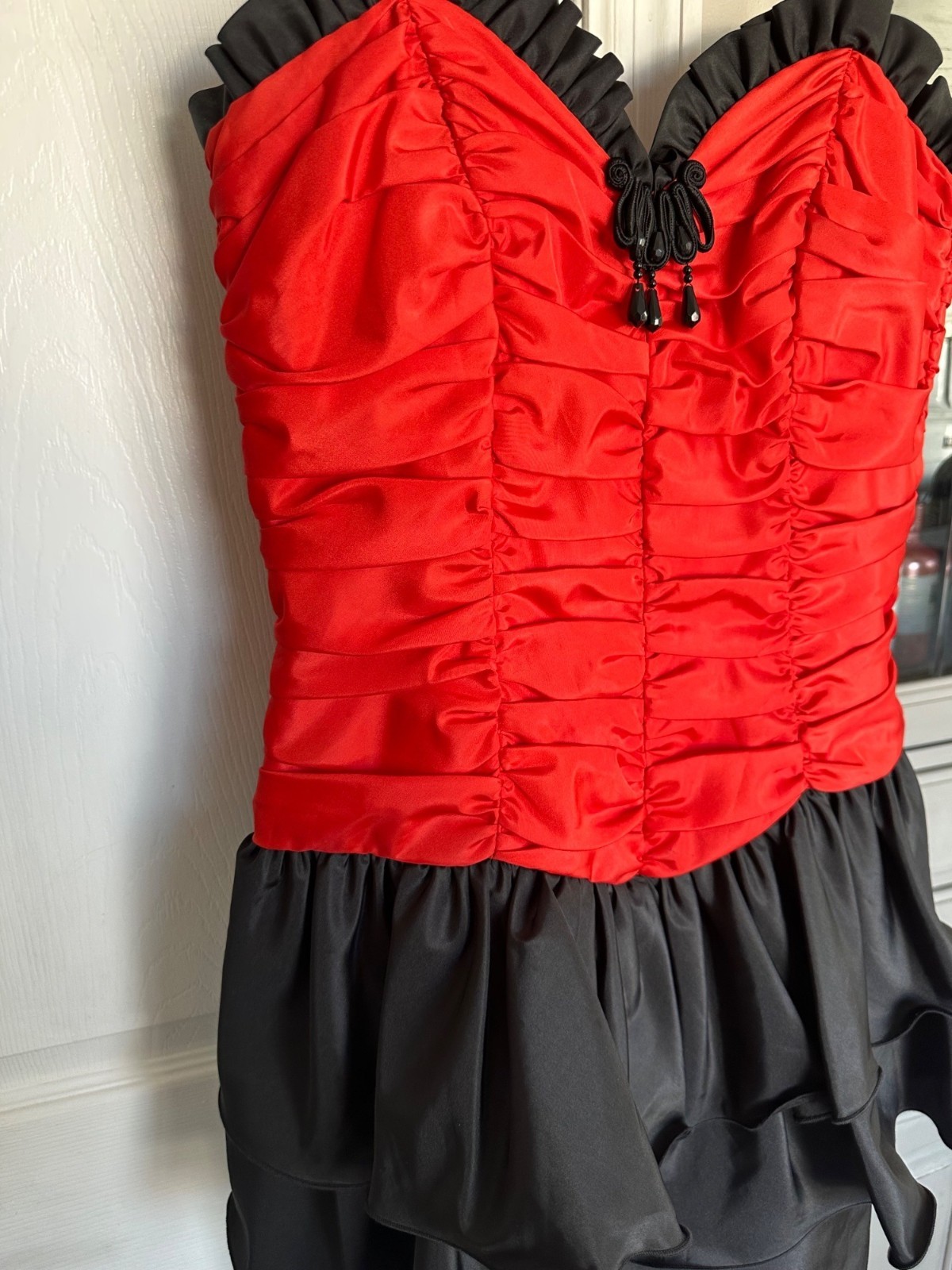 VTG Vera Mont France 42 Red Black Ruched Cocktail Party Dress Pin Up