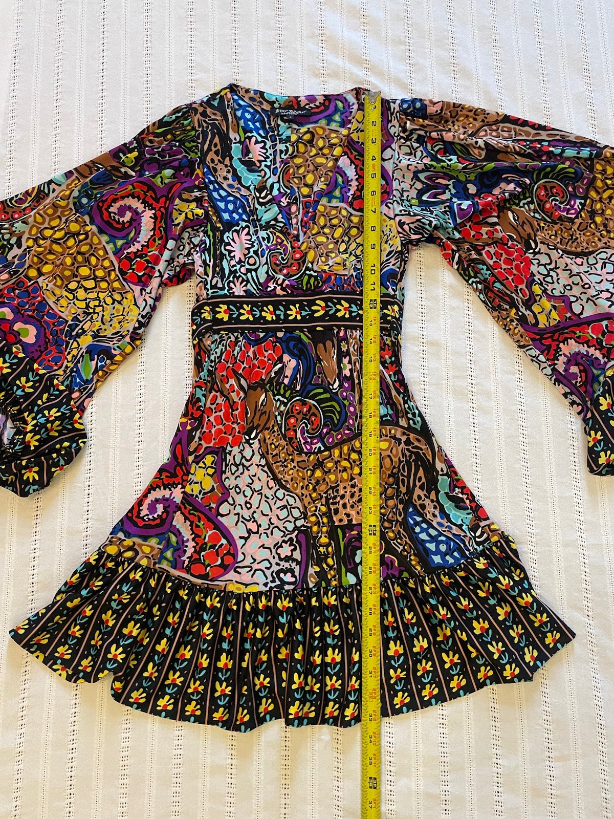 Betsey Johnson Colorful Bambi Short Dress. Size 6. Bell Sleeve. Y2K. Art To Wear