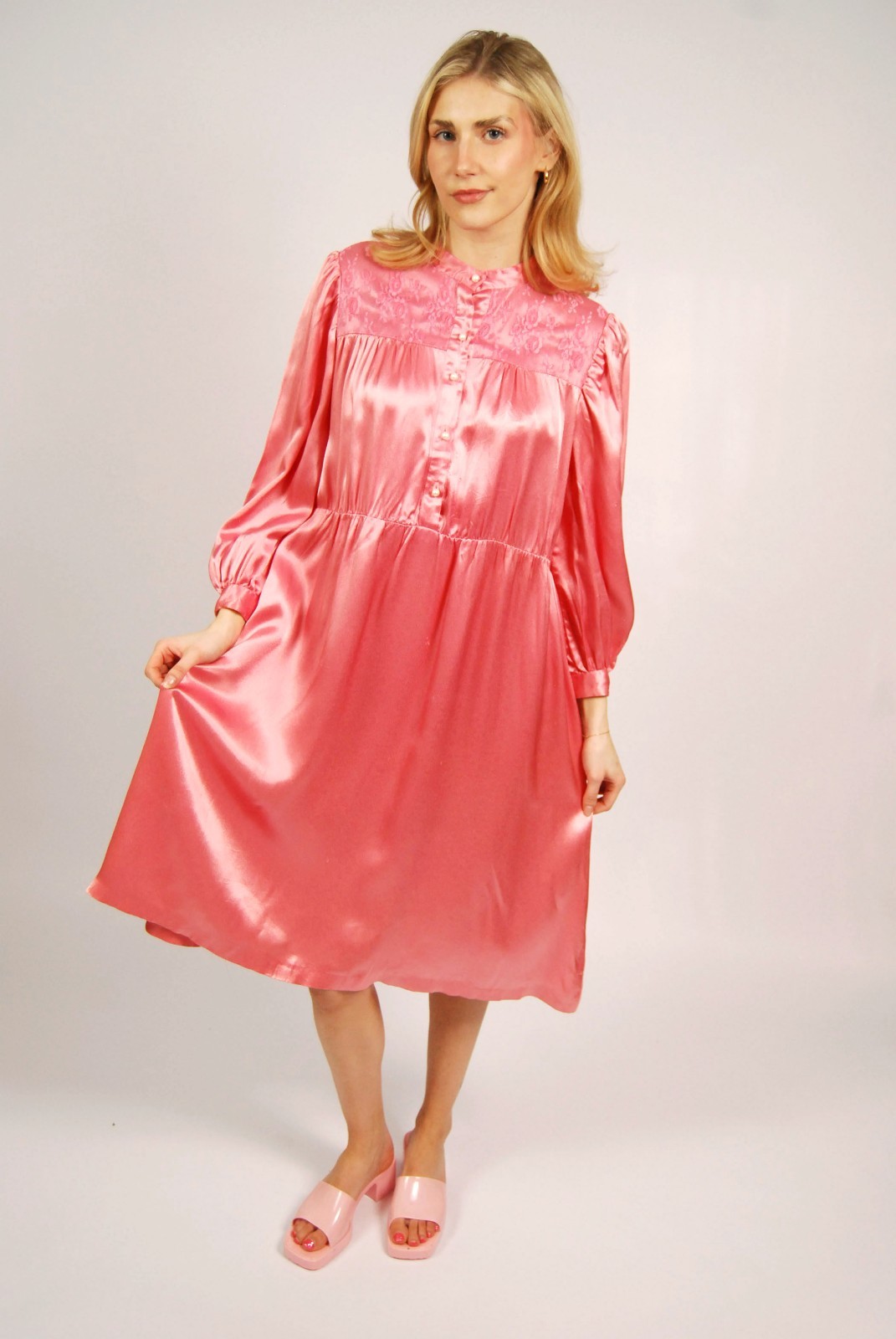 60s Shiny Hostess Dress (M) medium pink vintage retro mod midi pinup rockabilly