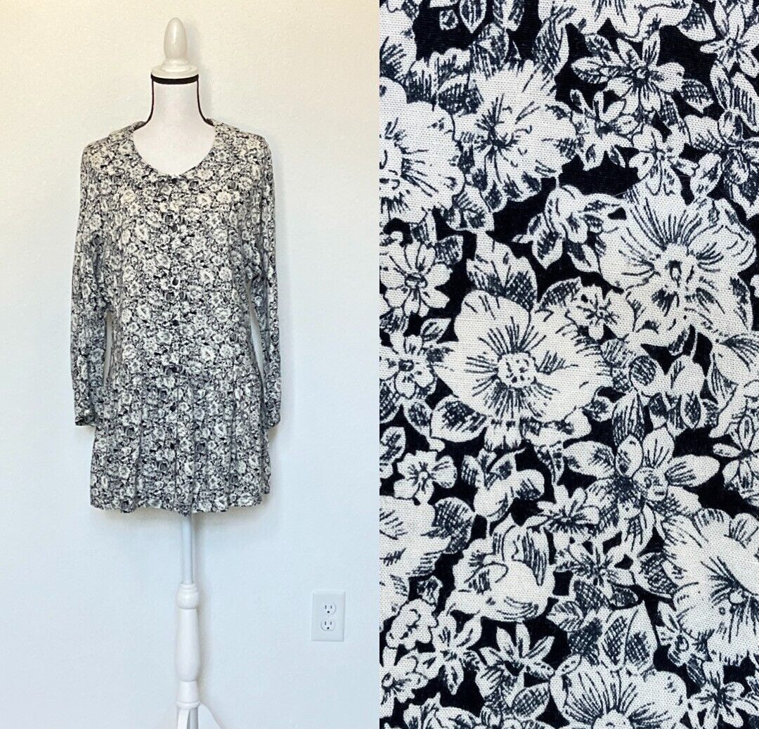 1990s Floral Drop Waist Mini Dress, Vtg Black and White Tunic with Skirt