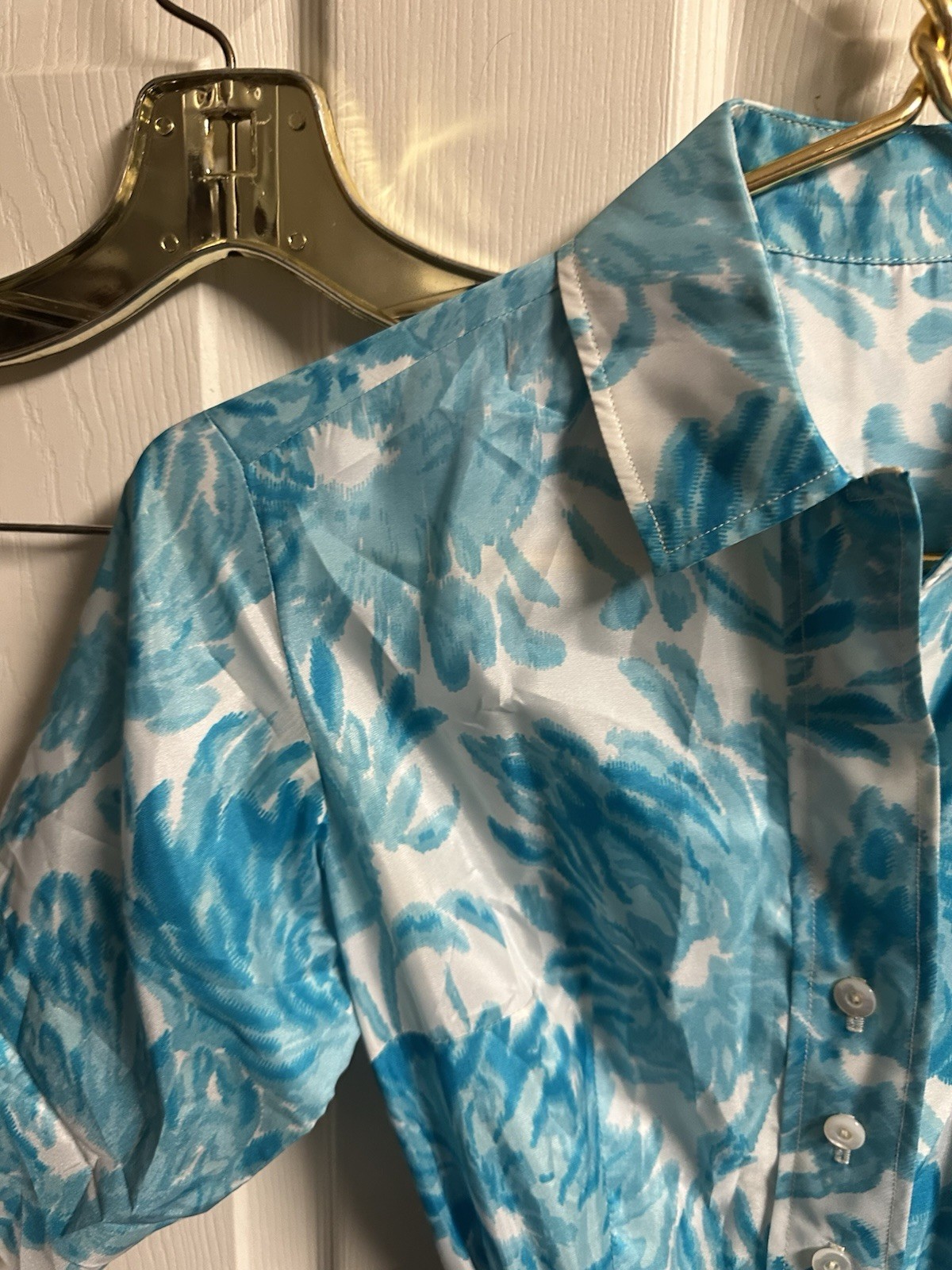 VNT 50s Martha Clyde Watercolor Floral Pleated Housewife Belted Blue White Dress