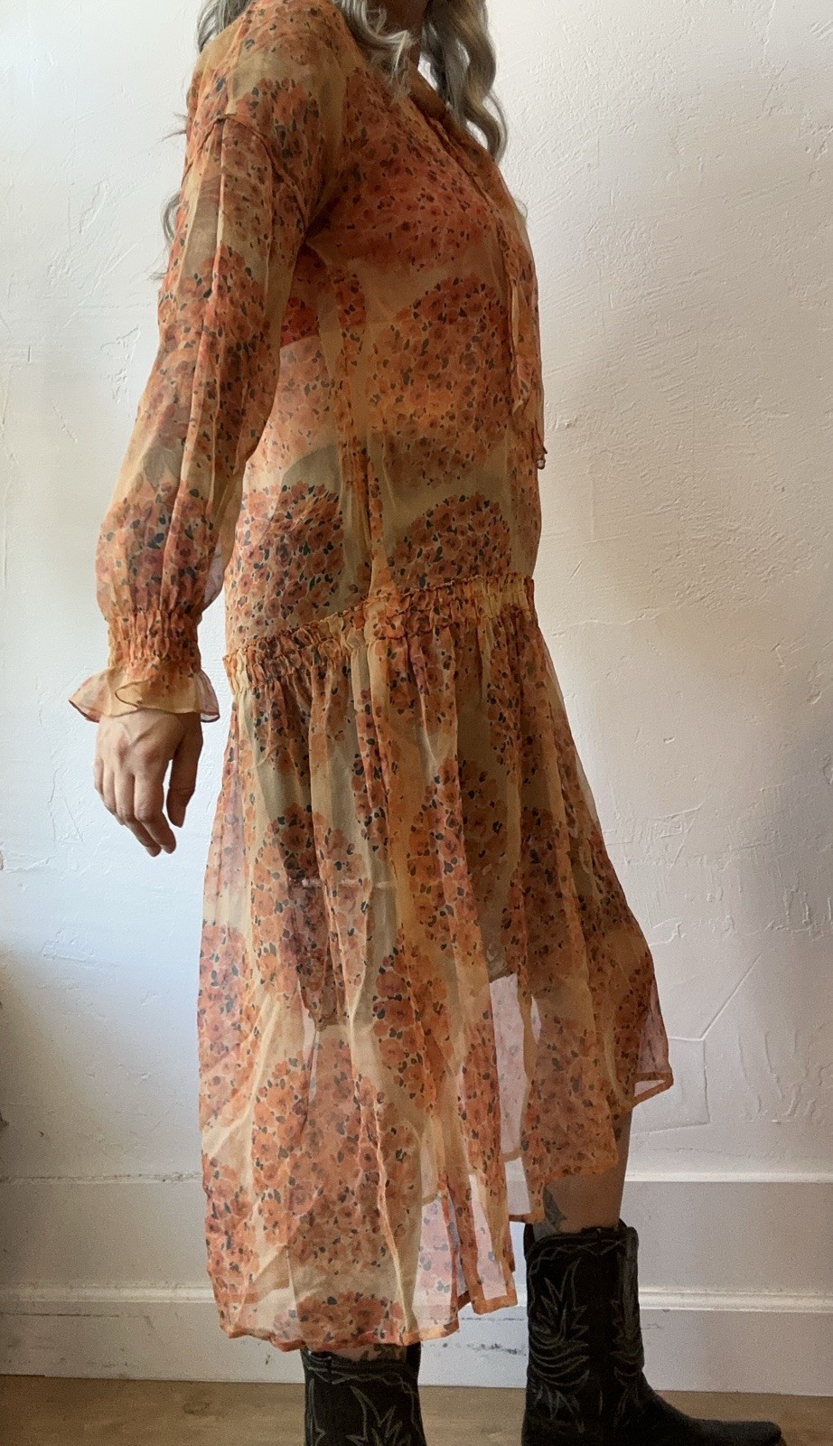 20s 30s Vintage Sheer Drop Waist Chiffon Dress Large Floral antique