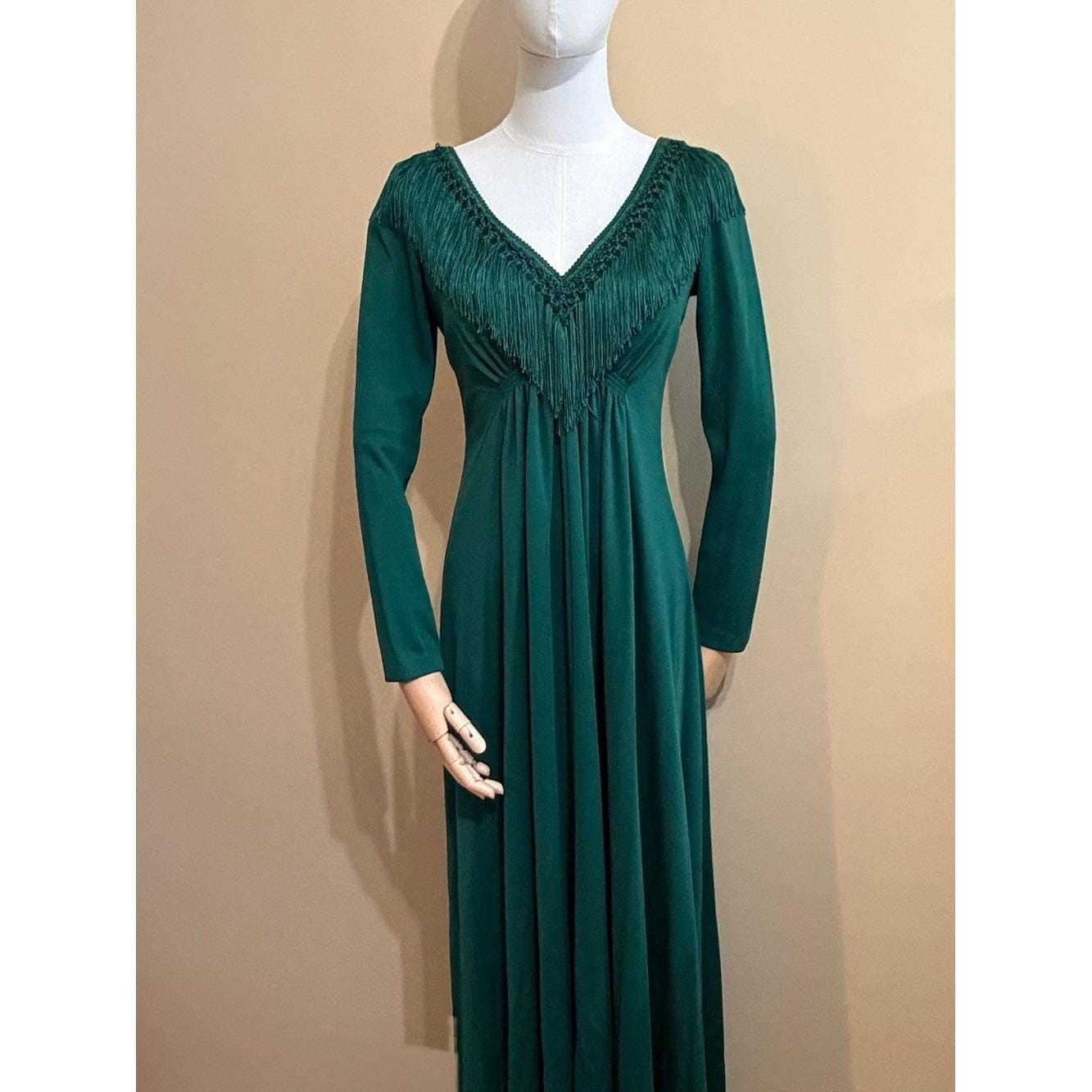 1970’s Deep Green Empire Waist Fringe V-Neck with Macrame Tassel Maxi Dress