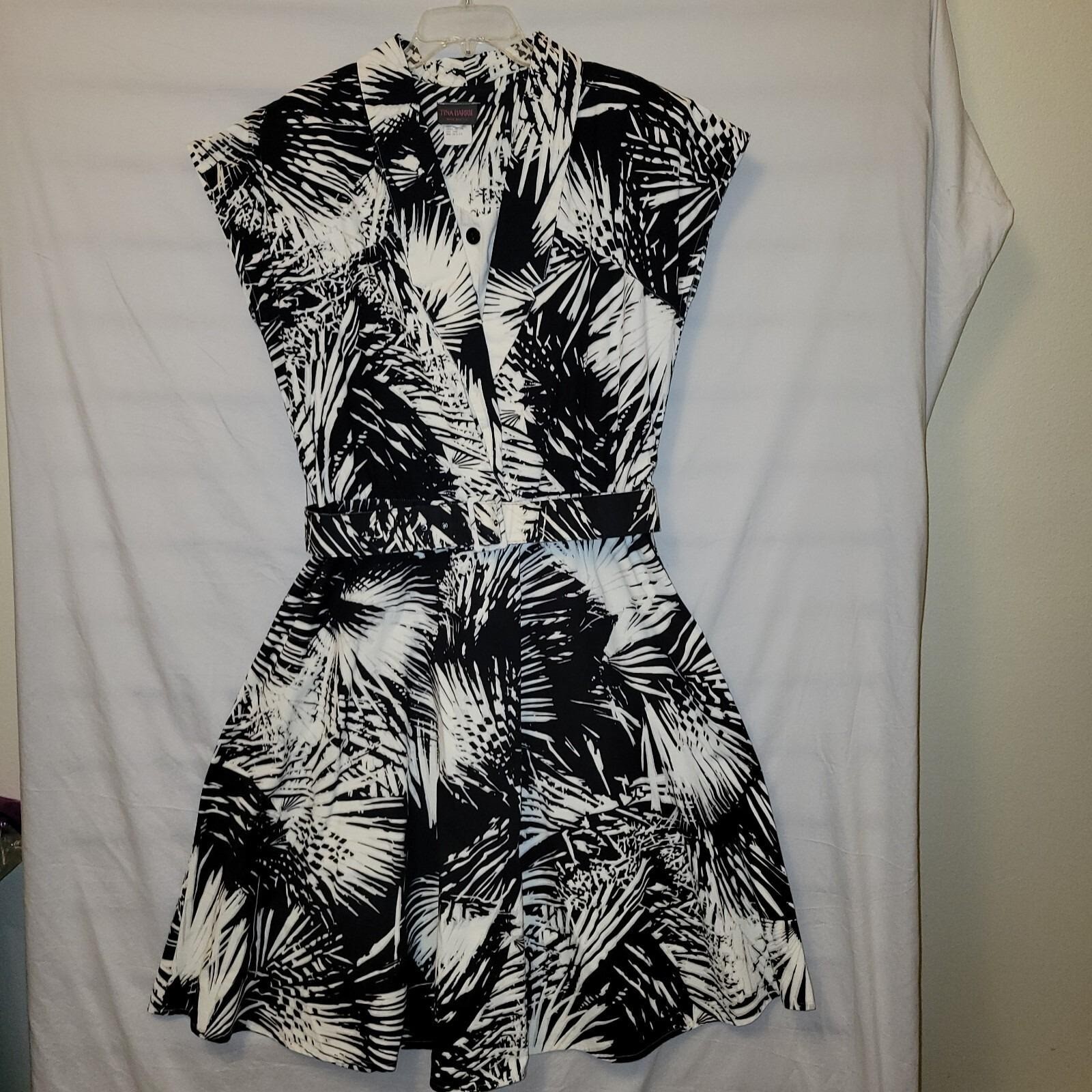 Vintage Tina Barrie Dress Womens 16 Black White Palm Leaf Belted Cotton