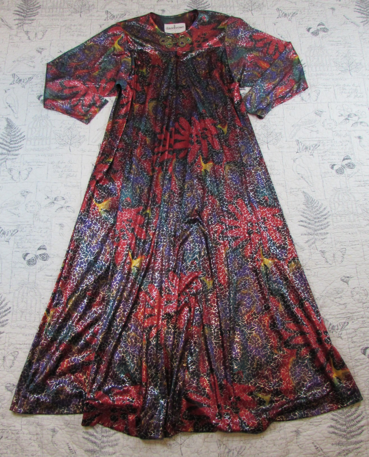 VTG 70s David Brown California Maxi Dress Kaftan Long Sleeve floral gold M