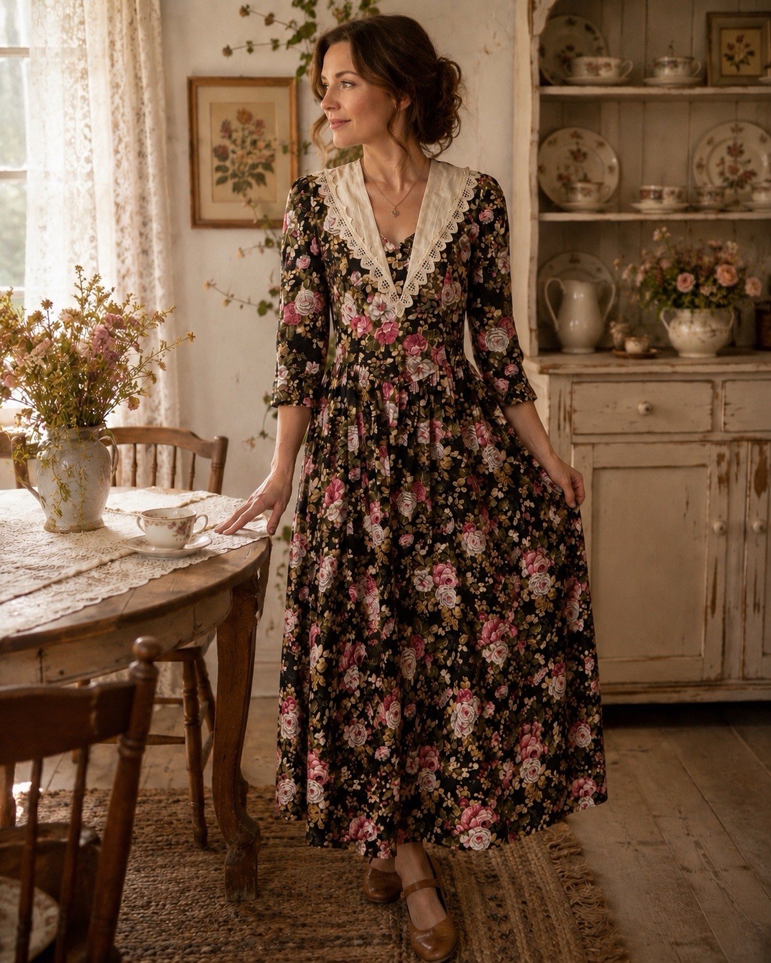 Vintage 80s Dark Cottagecore Black Floral Midi Dress Size Large Lace Prairie