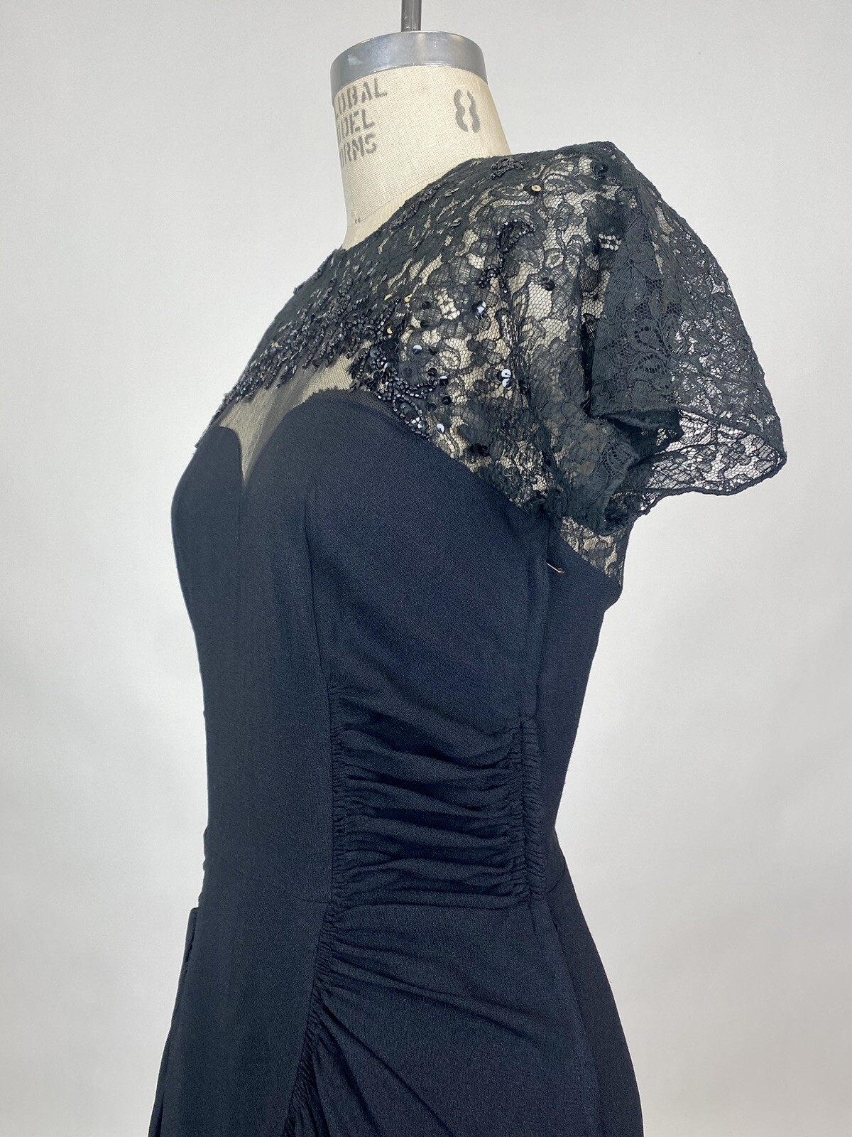 Antique Vintage 1930s Black Rayon Beaded Dress Lace Bodice Rouched Waist AS IS