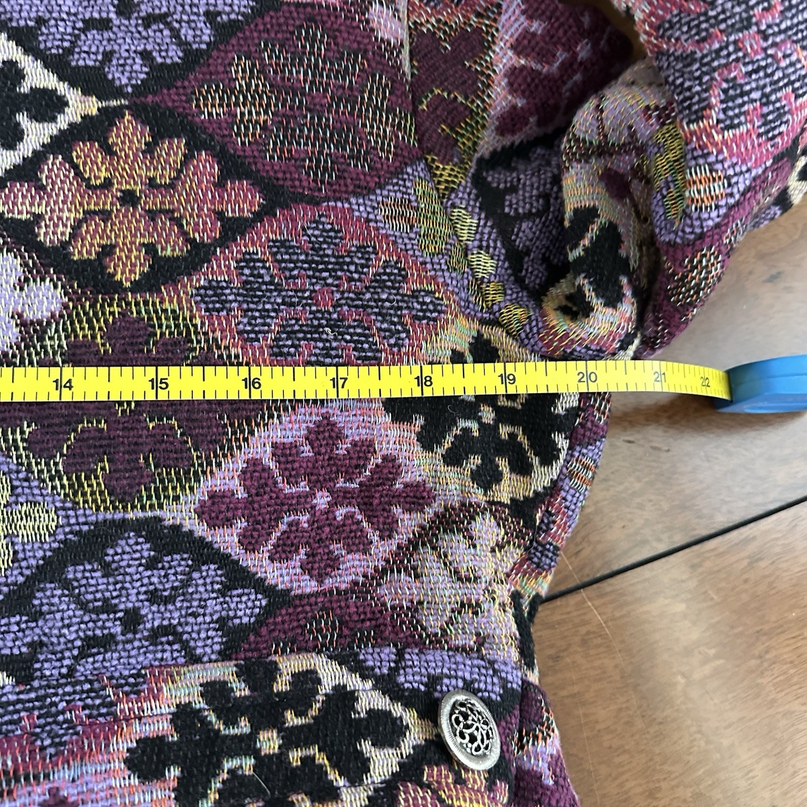 Vintage Tapestry Carpet Bag Long Coat Womens Purple Mosaic Belted 70s Boho Hippy