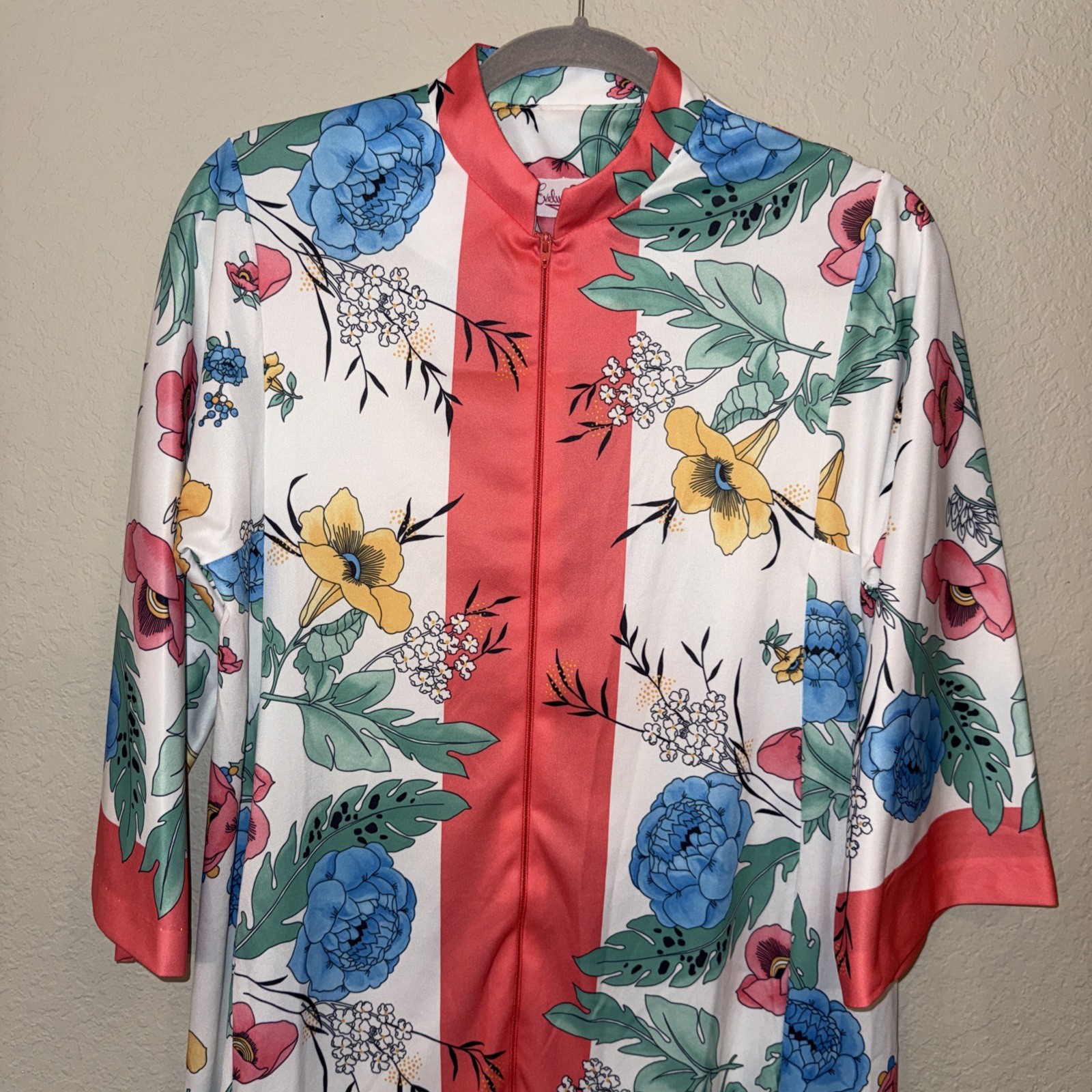 Vintage Evelyn Pearson Go Coat 1/2 Zip Front Lounge Maxi Robe Kimono Floral S/M