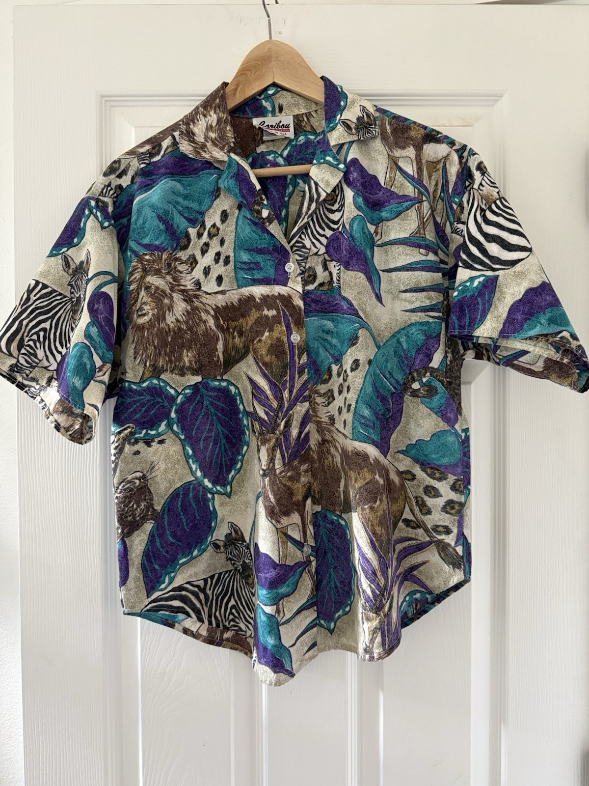 Caribou Made In USA Vintage Blouse Small Africa Safari Zebra 70s 80s Shirt Rare
