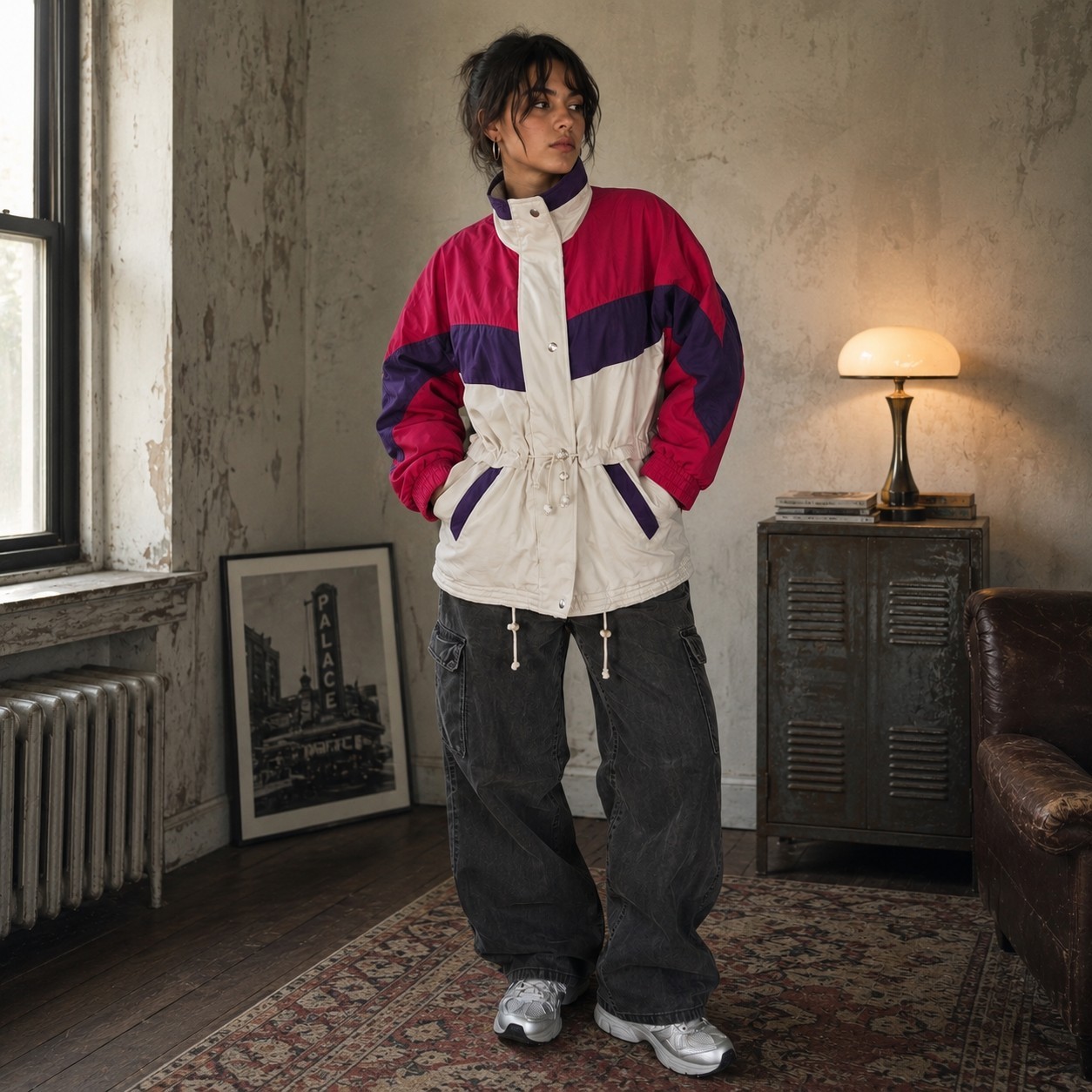 Vintage 90s White Purple Retro Ski Jacket Size Medium Color Block Funnel Neck