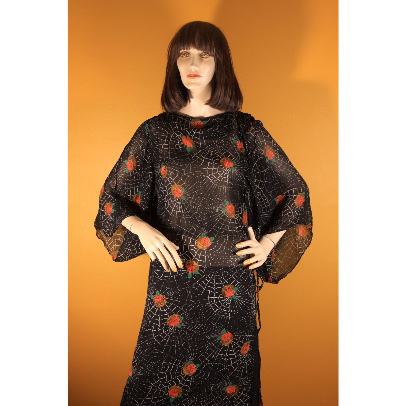 1970s Black White Red Novelty Spiderweb and Roses Print Sheer Dress by Saba -S