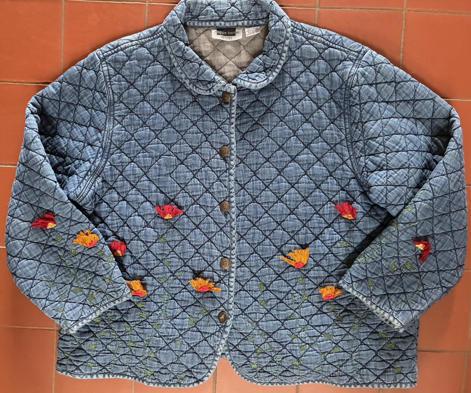 Vintage 90s Maggie Barnes Petites Quilted Embroidered Denim Jacket Floral 24WP